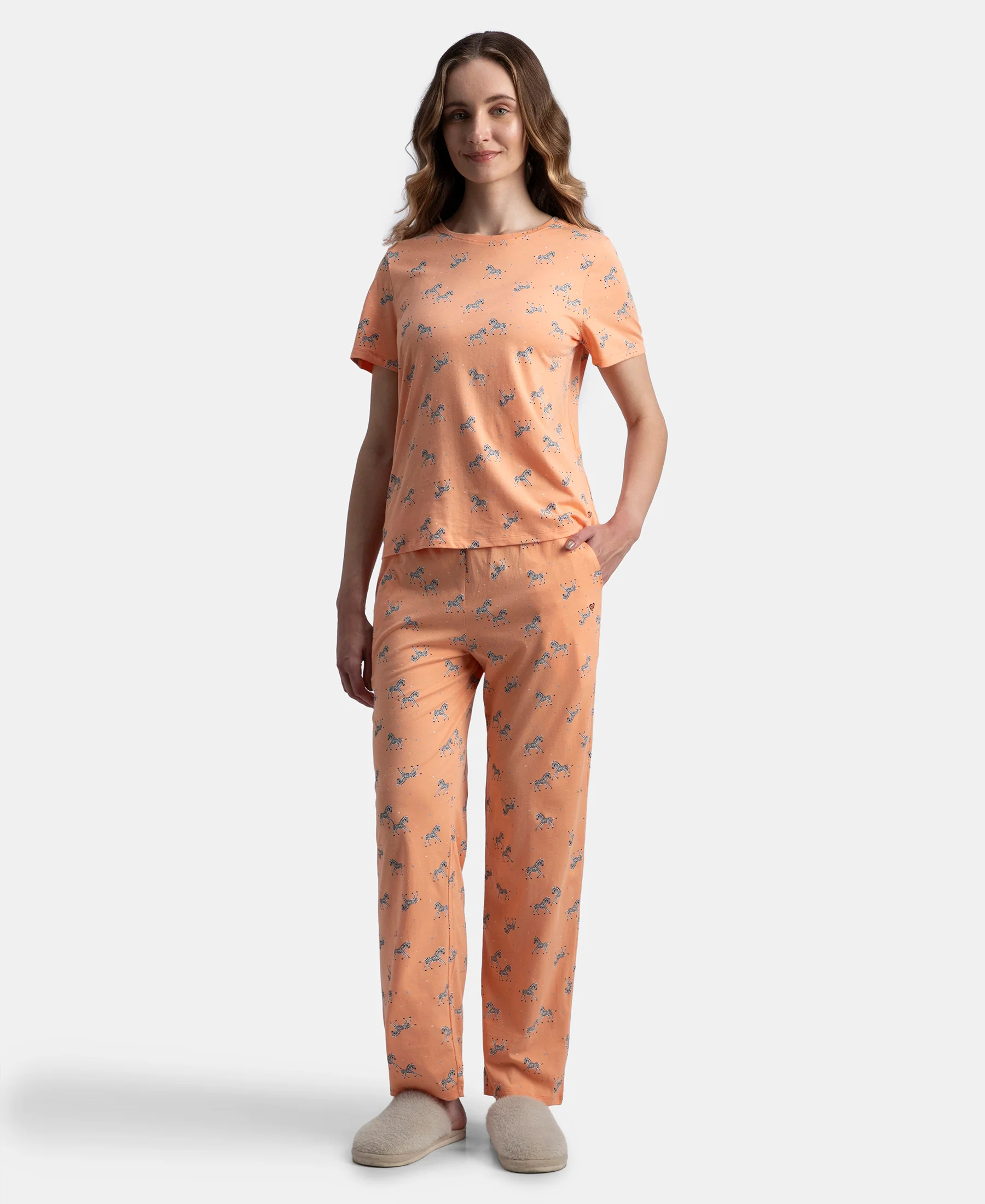 Cotton Short Sleeve Printed T-Shirt & Pyjama Sleep Set - Coral
