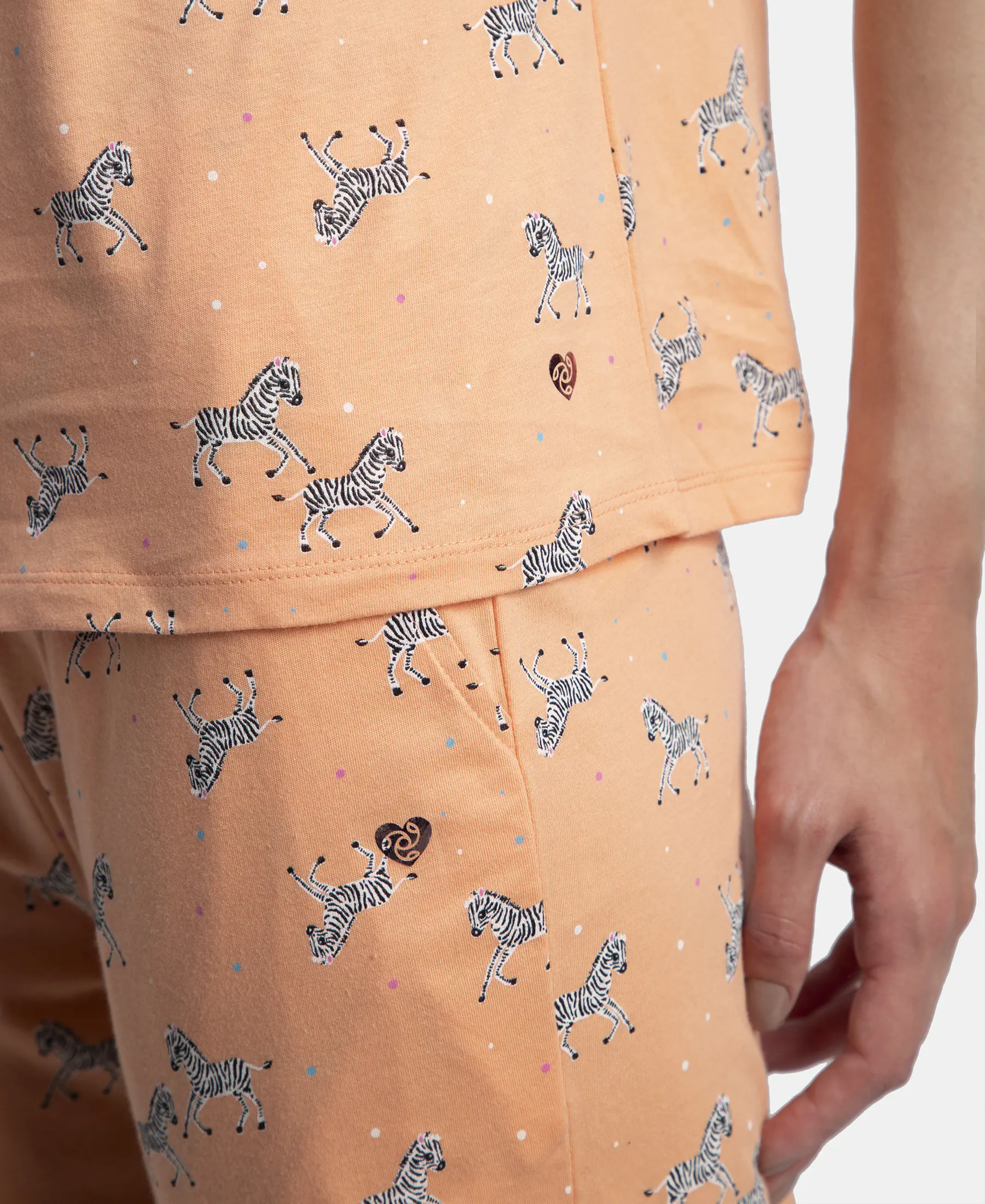 Cotton Short Sleeve Printed T-Shirt & Pyjama Sleep Set - Coral - Image 10