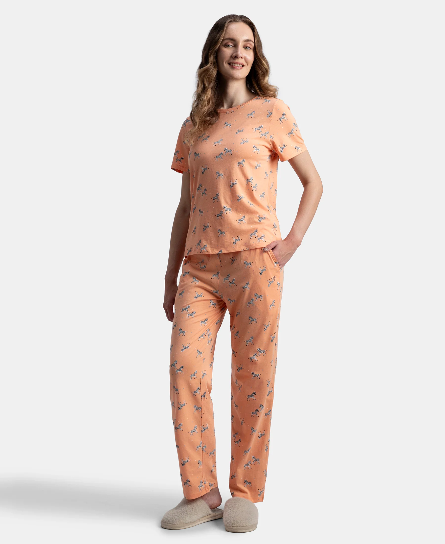 Cotton Short Sleeve Printed T-Shirt & Pyjama Sleep Set - Coral - Image 4