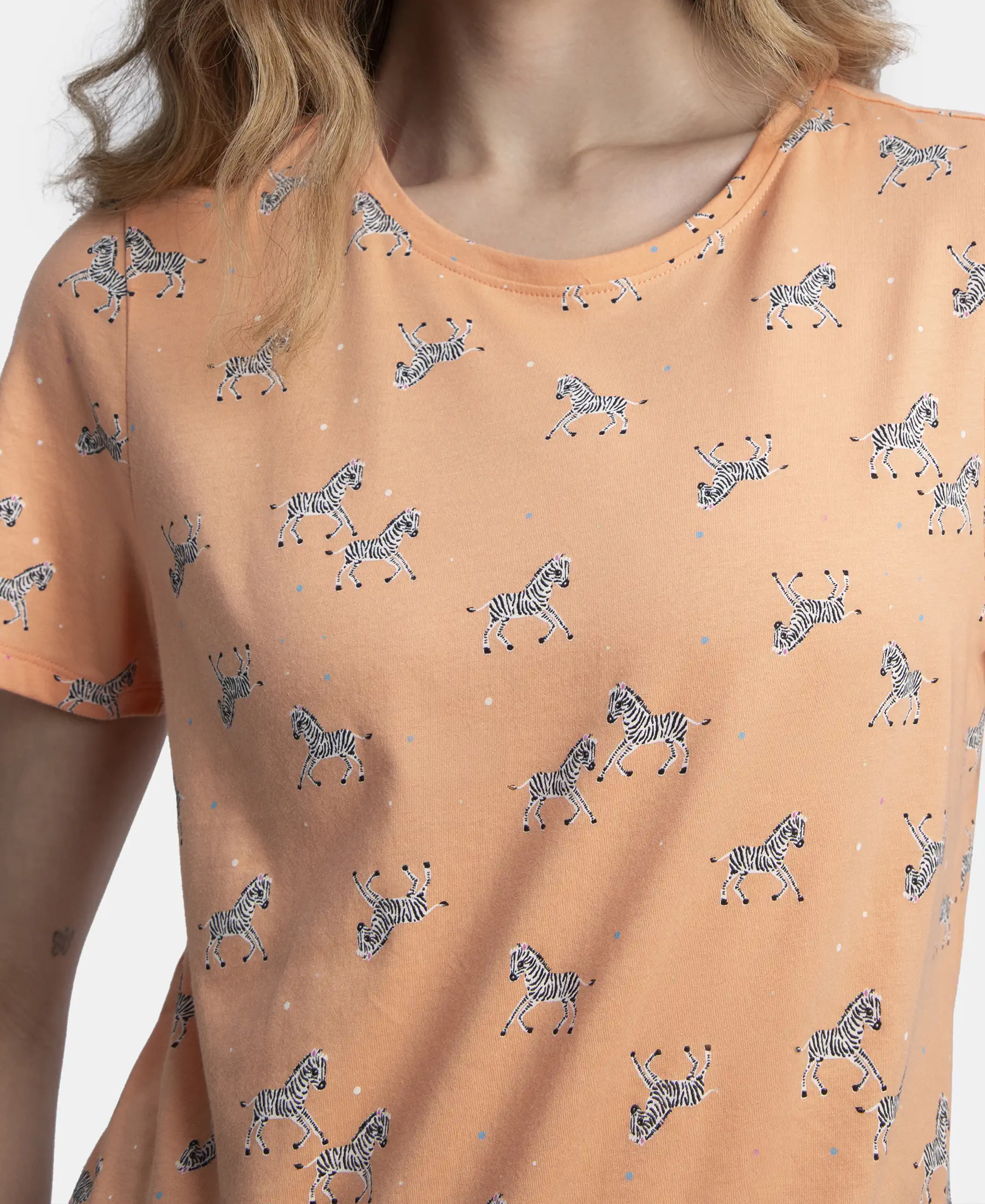 Cotton Short Sleeve Printed T-Shirt & Pyjama Sleep Set - Coral - Image 7