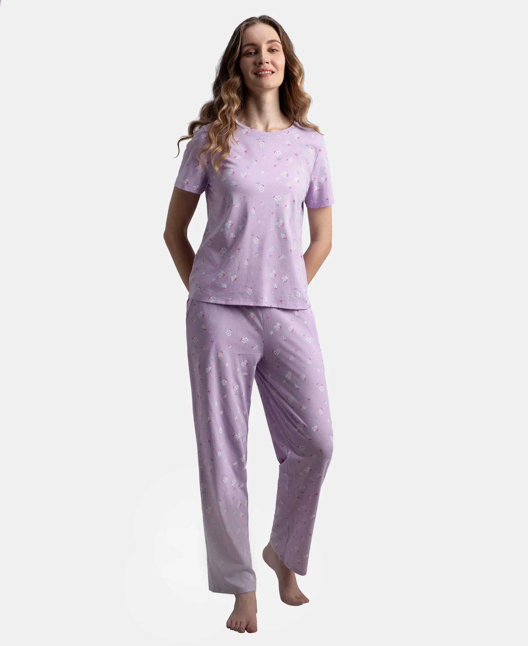 Cotton Short Sleeve Printed T-Shirt & Pyjama Sleep Set - Lavendula