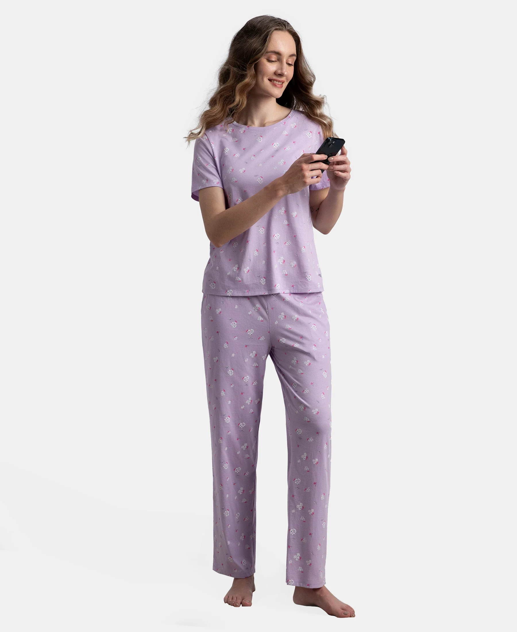 Cotton Short Sleeve Printed T-Shirt & Pyjama Sleep Set - Lavendula - Image 2