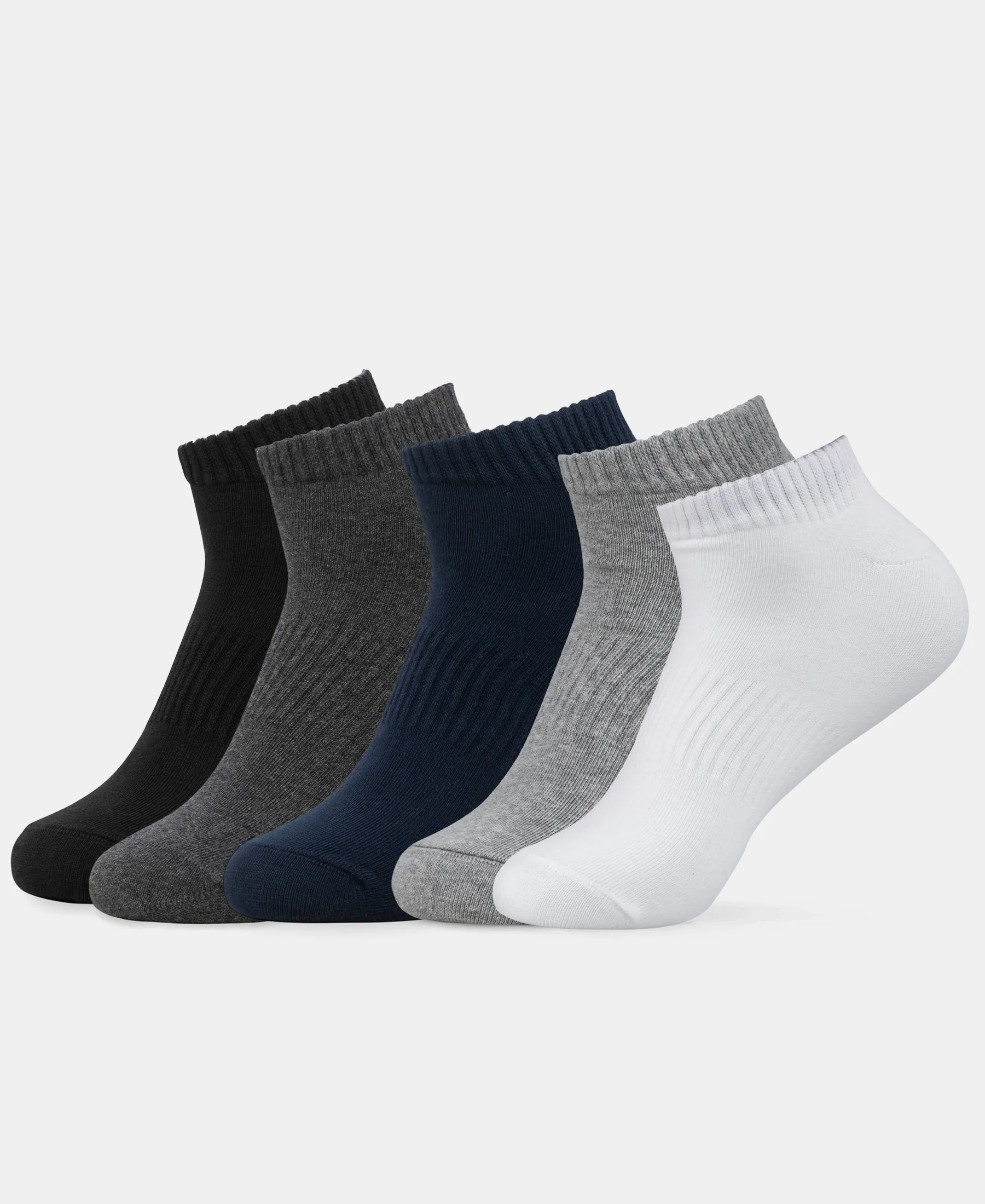 Compact Cotton Elastane Stretch Low Show Socks With StayFresh Treatment - Black, White, Navy, Mid Grey & Charcoal Melange (Pack of 5) - Image 5