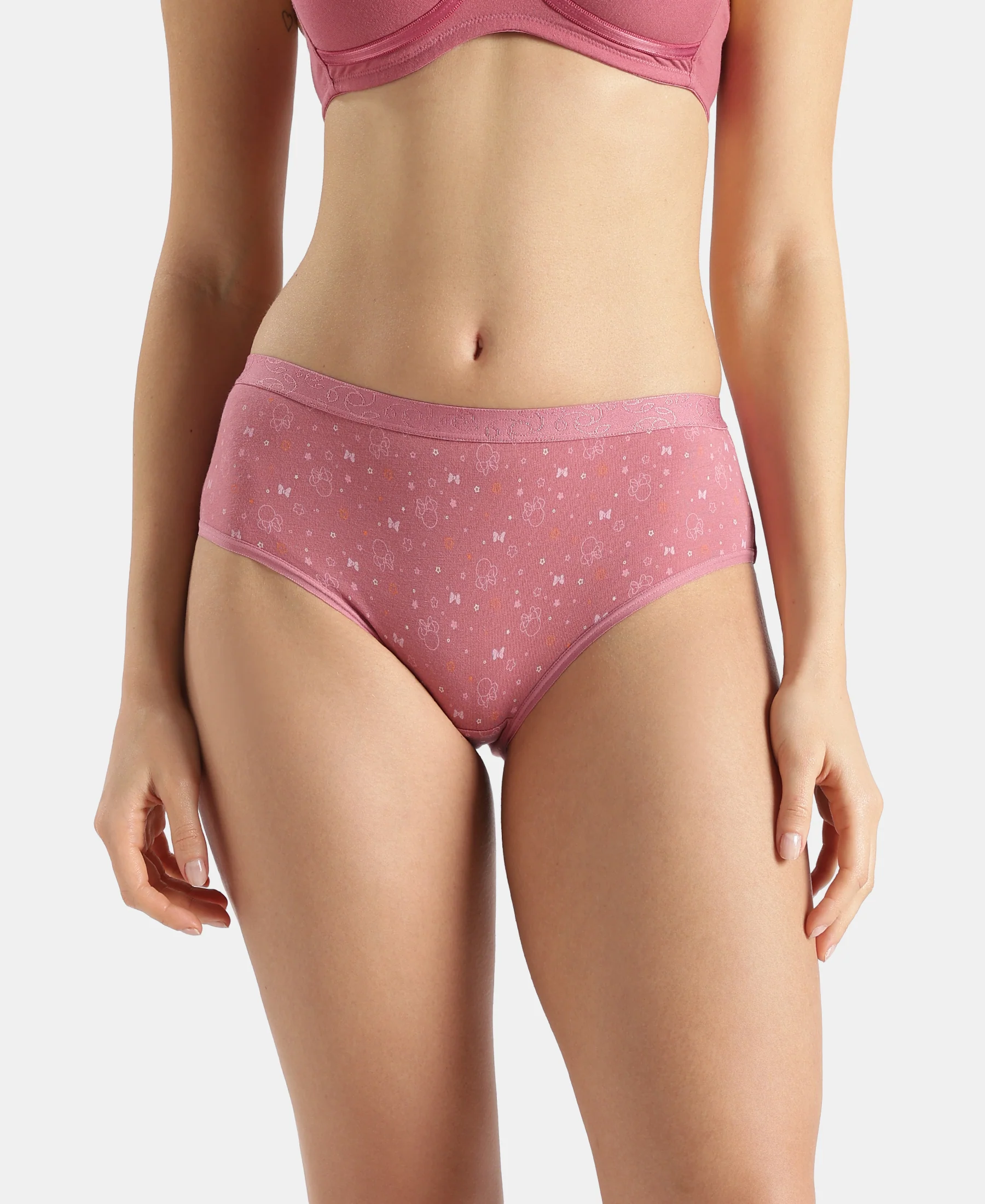 Disney Mickey & Friends High Coverage Super Combed Cotton Elastane Stretch Mid Waist Hipster - Mocha, High Rose & Ashleigh Blue (Pack of 3) - Image 4