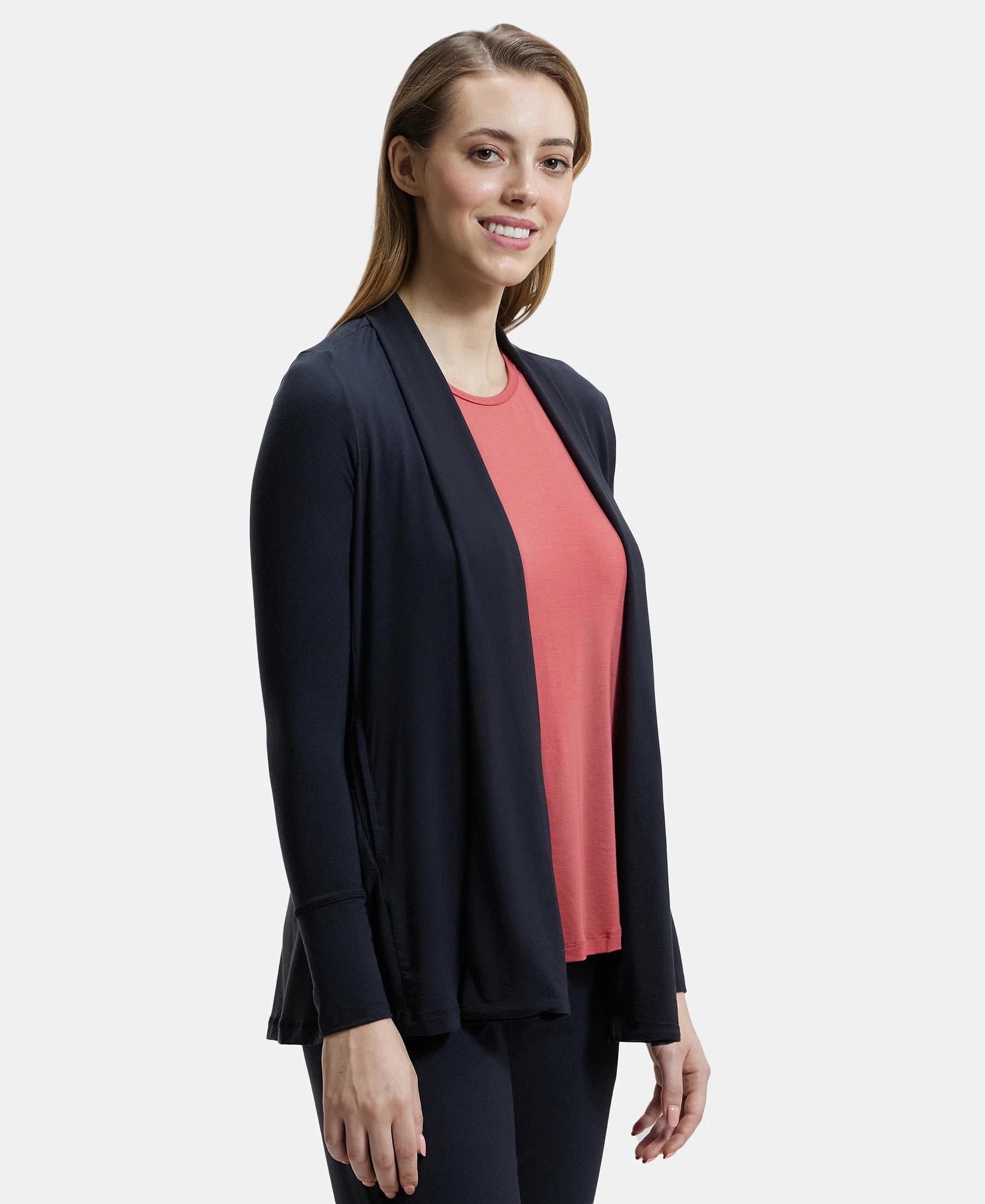 Environment Friendly Lyocell Elastane Stretch Relaxed Fit Full Sleeve Shrug - Black - Image 2