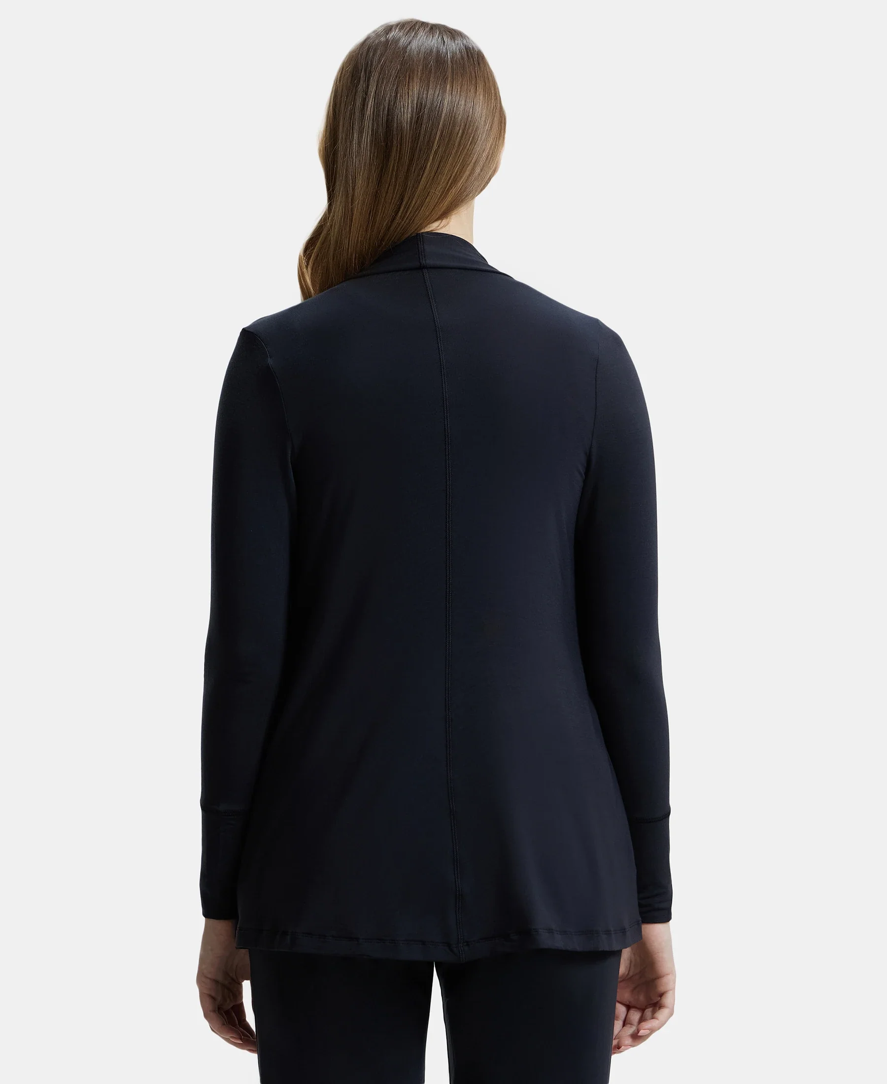 Environment Friendly Lyocell Elastane Stretch Relaxed Fit Full Sleeve Shrug - Black - Image 3