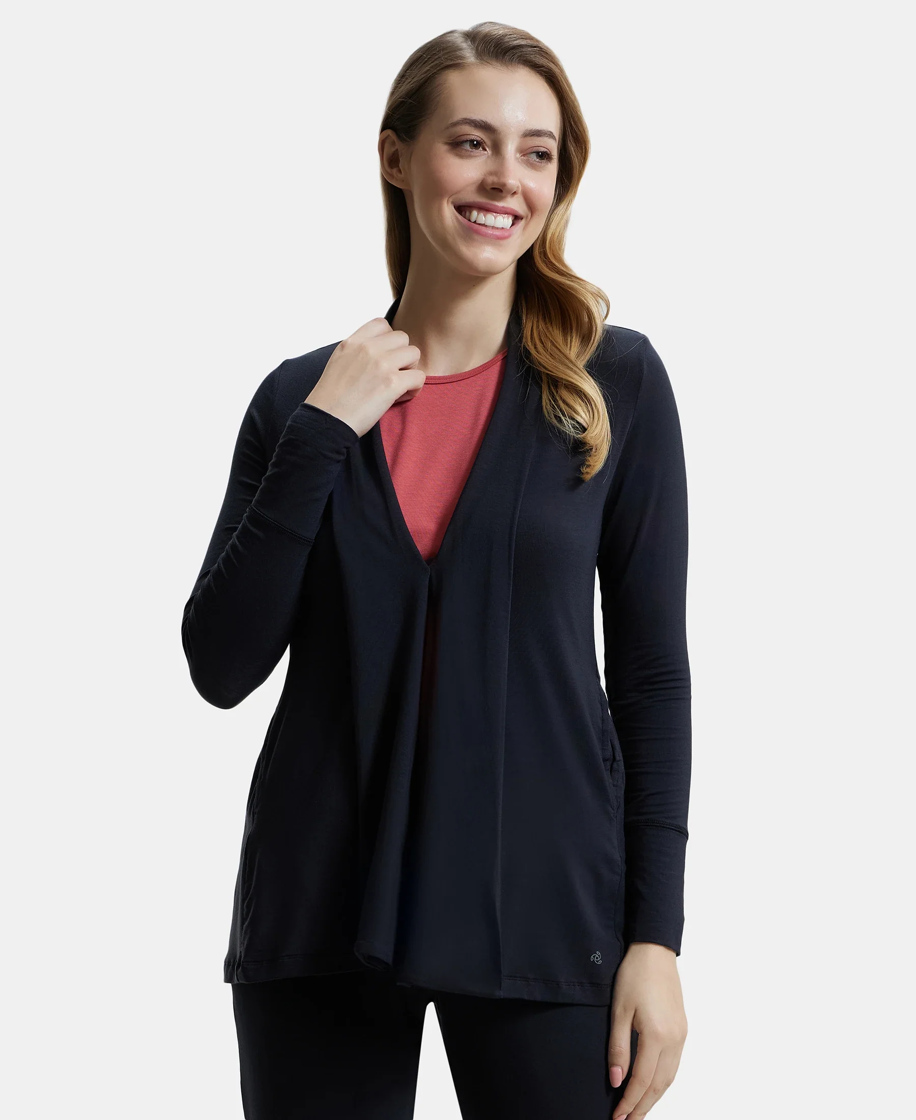 Environment Friendly Lyocell Elastane Stretch Relaxed Fit Full Sleeve Shrug - Black - Image 5