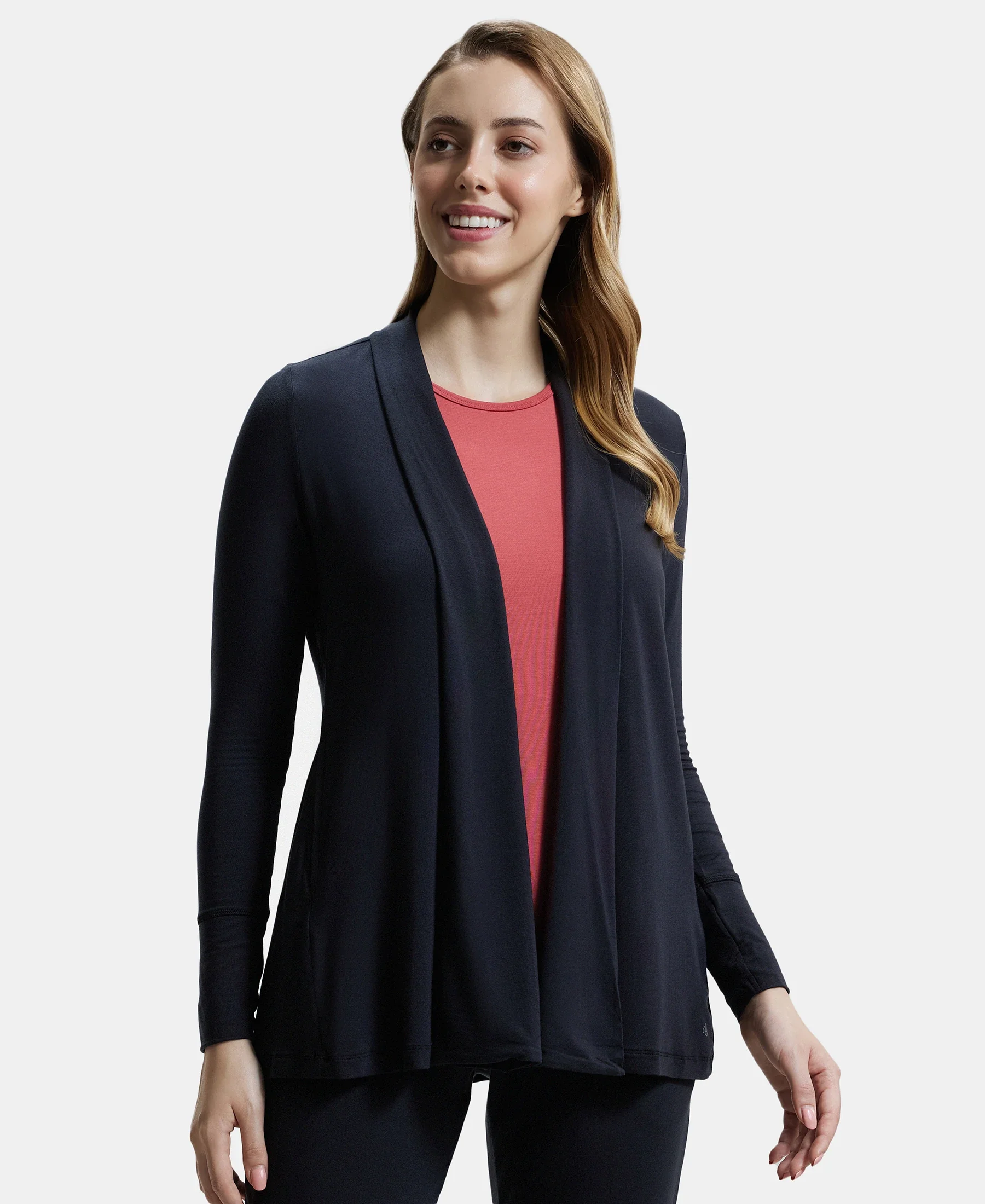 Environment Friendly Lyocell Elastane Stretch Relaxed Fit Full Sleeve Shrug - Black - Image 6