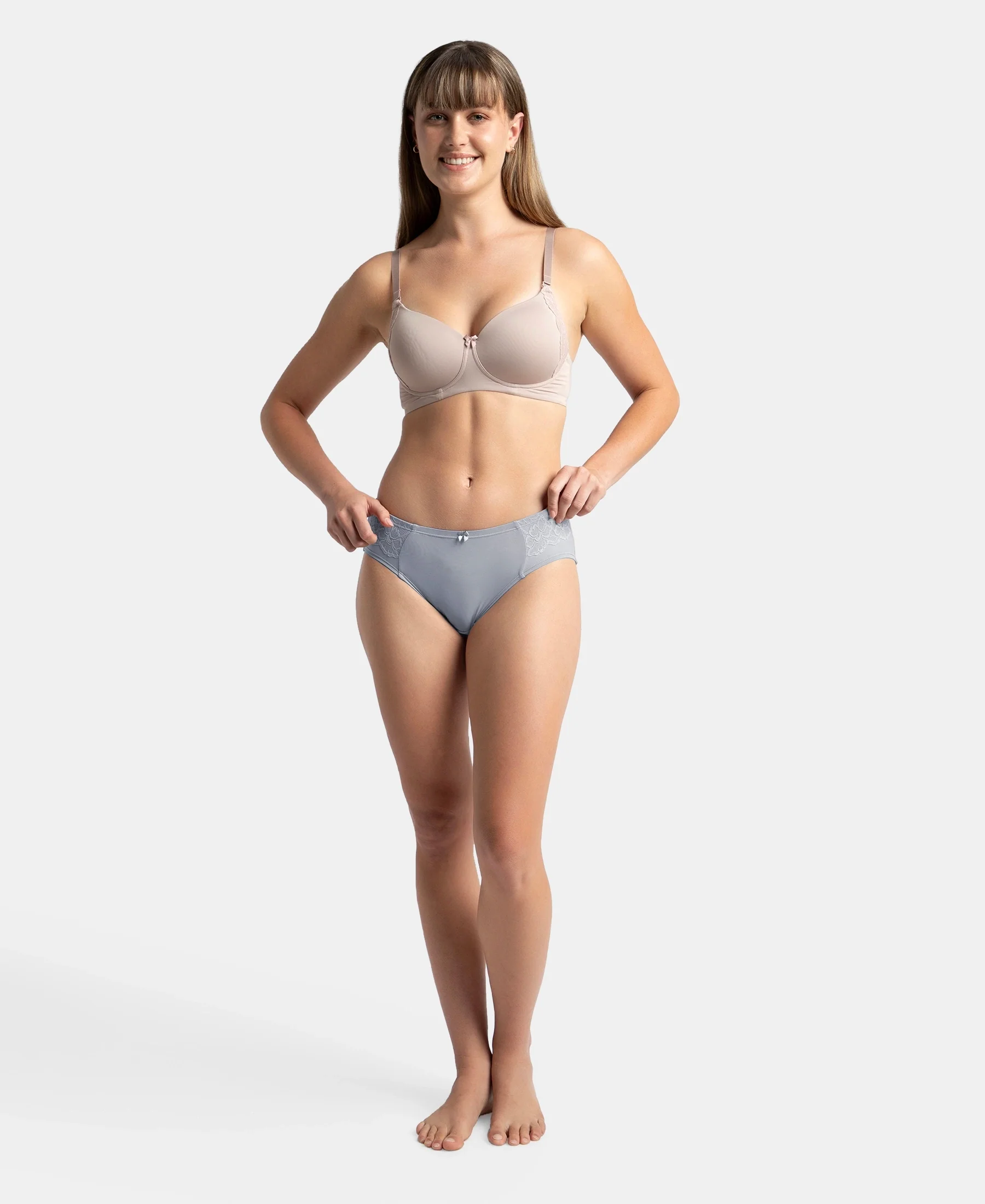 Full Coverage Soft Touch Microfiber Elastane Stretch Hipster with Lace Styling - Lilac Grey - Image 4