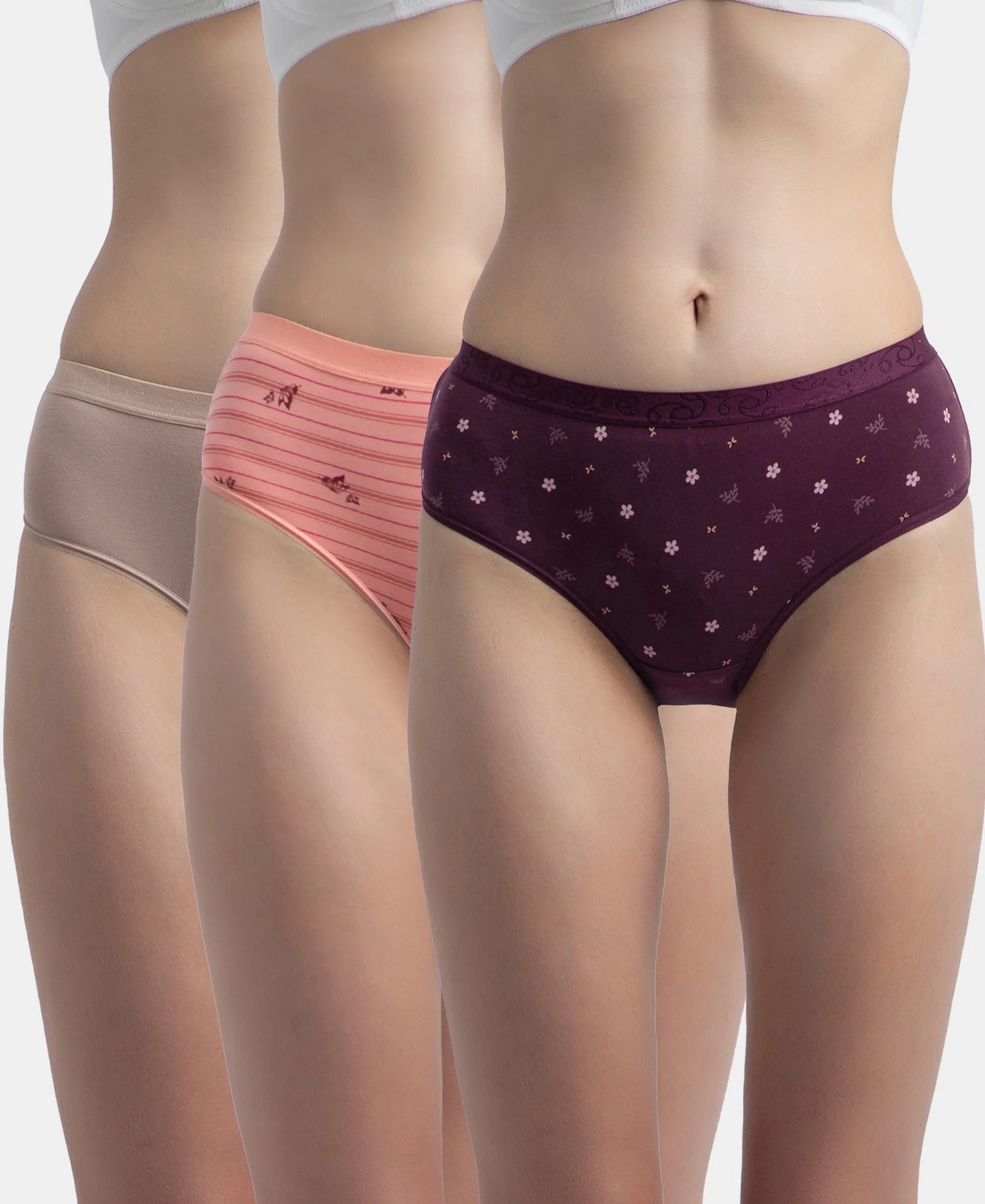 High Coverage Super Combed Cotton Elastane Stretch Mid Waist Hipster With Exposed Waistband - Candlelight Peach, Potent Purple & Mocha (Pack of 3) - Image 5