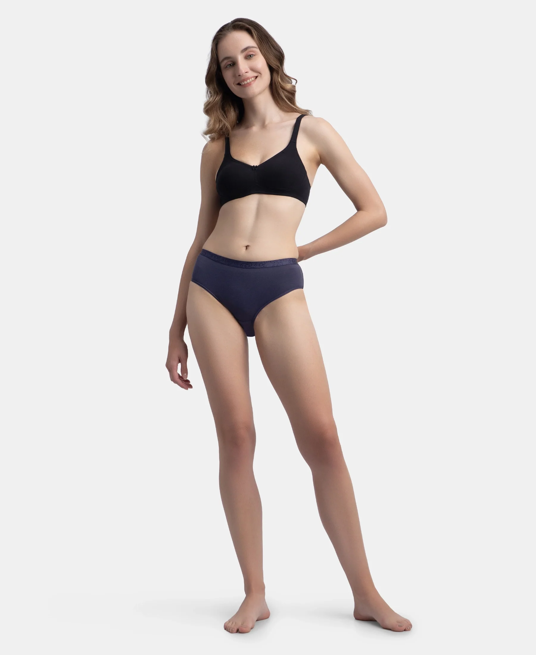 High Coverage Super Combed Cotton Elastane Stretch Mid Waist Hipster With Exposed Waistband - Valerian, Candlelight Peach & Classic Navy (Pack of 3) - Image 11