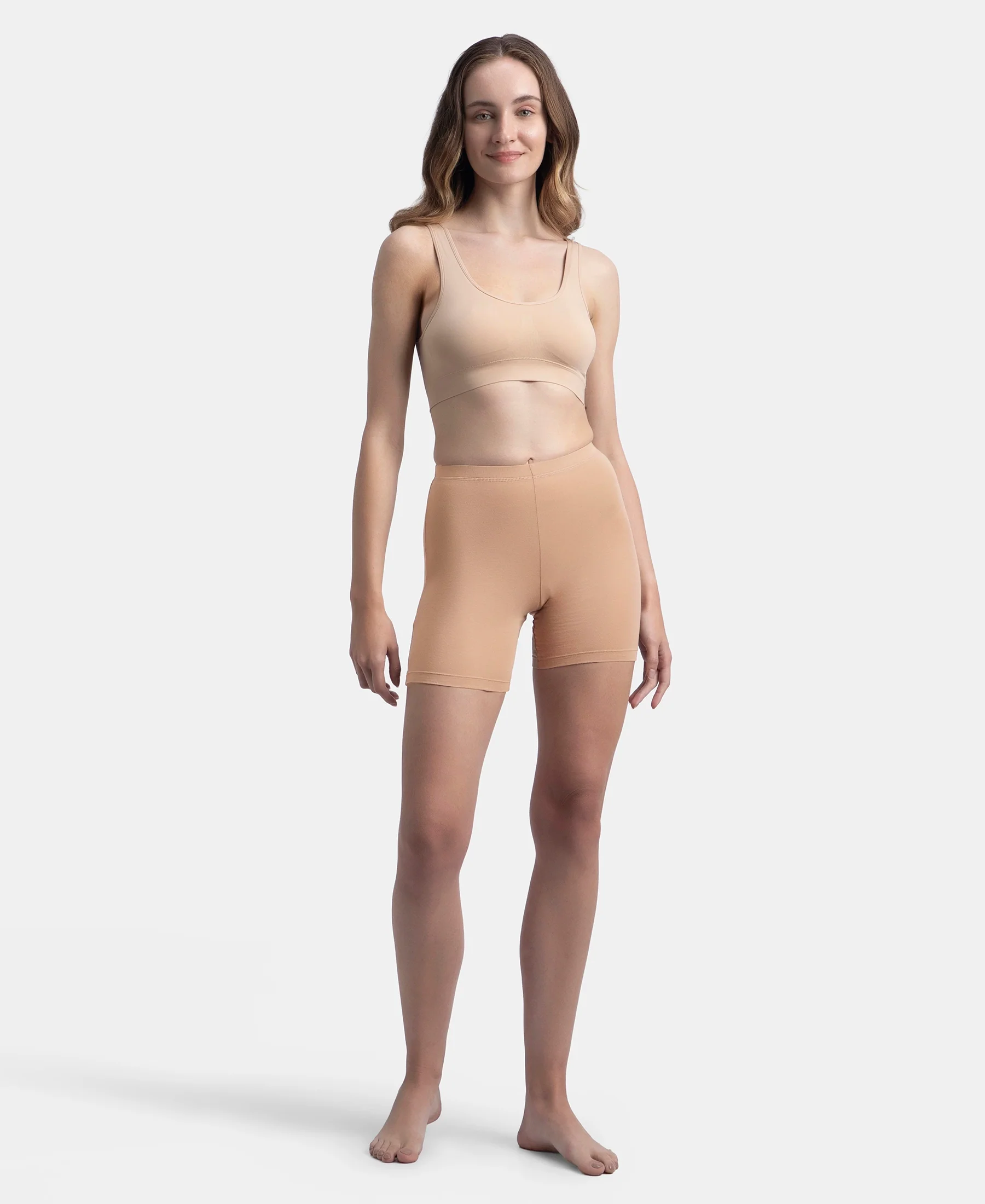 High Coverage Super Combed Cotton Elastane Stretch Shorties With Concealed Waistband - Almondine - Image 4