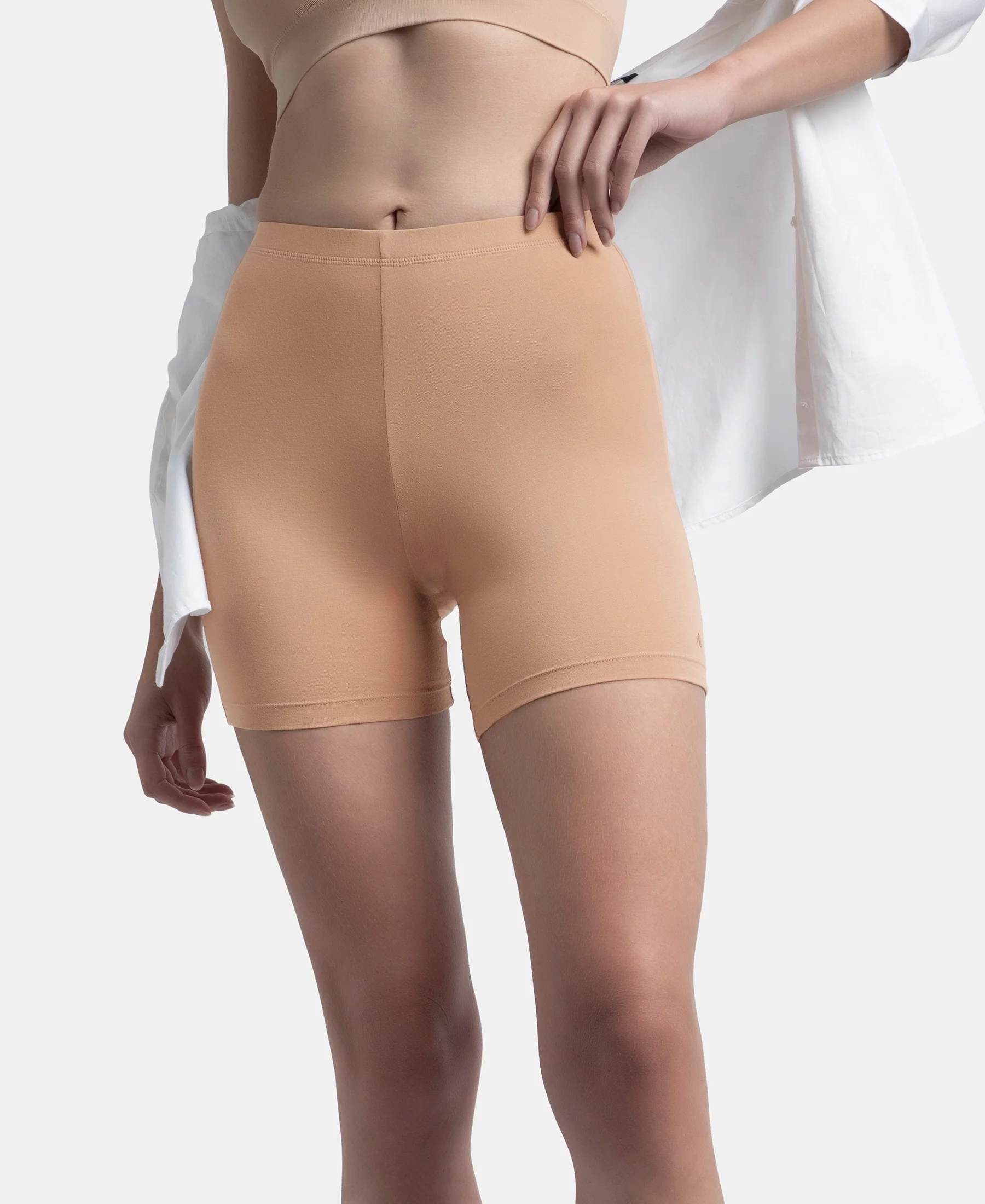 High Coverage Super Combed Cotton Elastane Stretch Shorties With Concealed Waistband - Almondine - Image 5