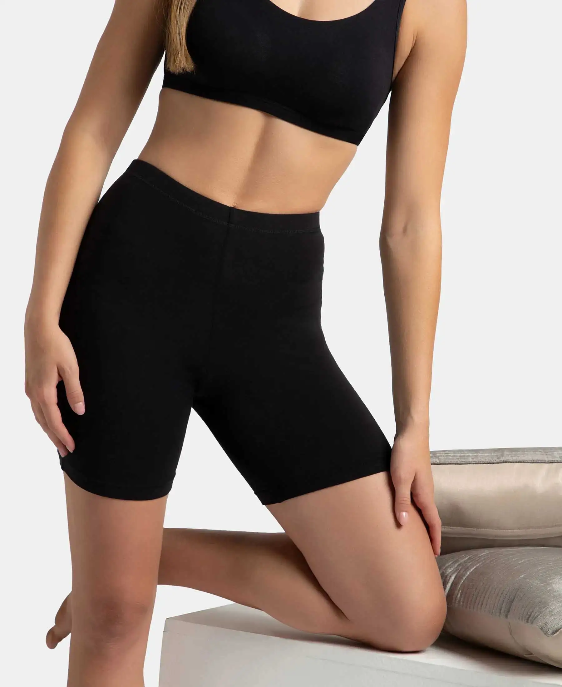 High Coverage Super Combed Cotton Elastane Stretch Shorties With Concealed Waistband - Black - Image 5
