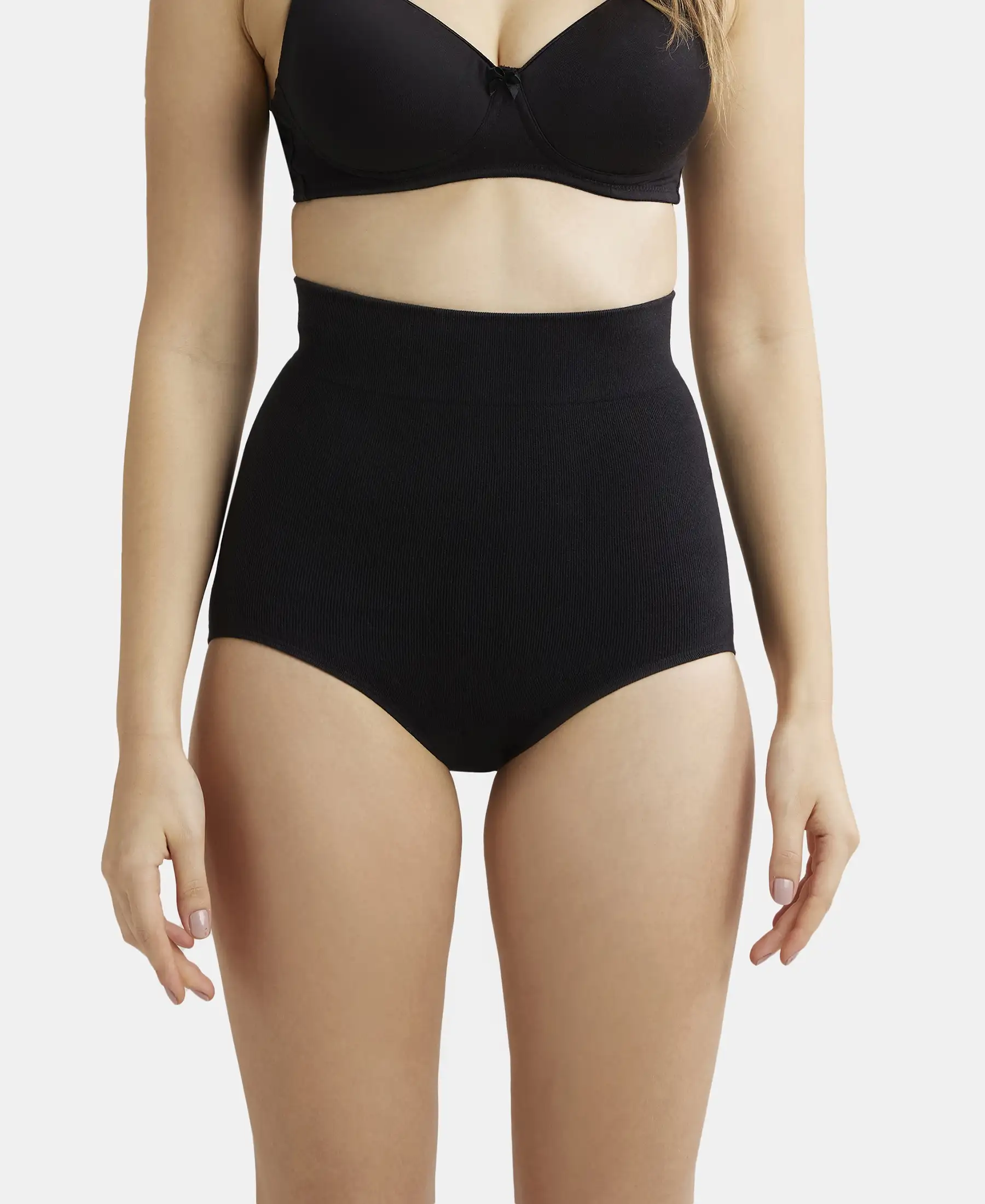 High Waist Cotton Rich Elastane Stretch Seamfree Bikini Shapewear - Black