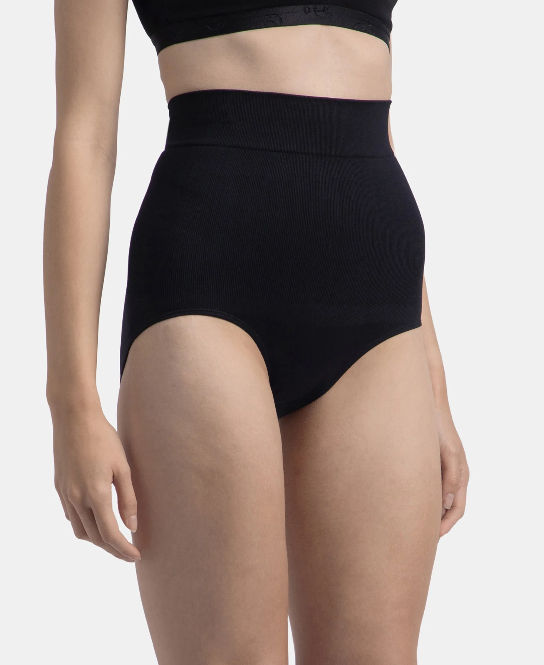 High Waist Microfiber Elastane Stretch Seamfree Bikini Shapewear - Black - Image 2