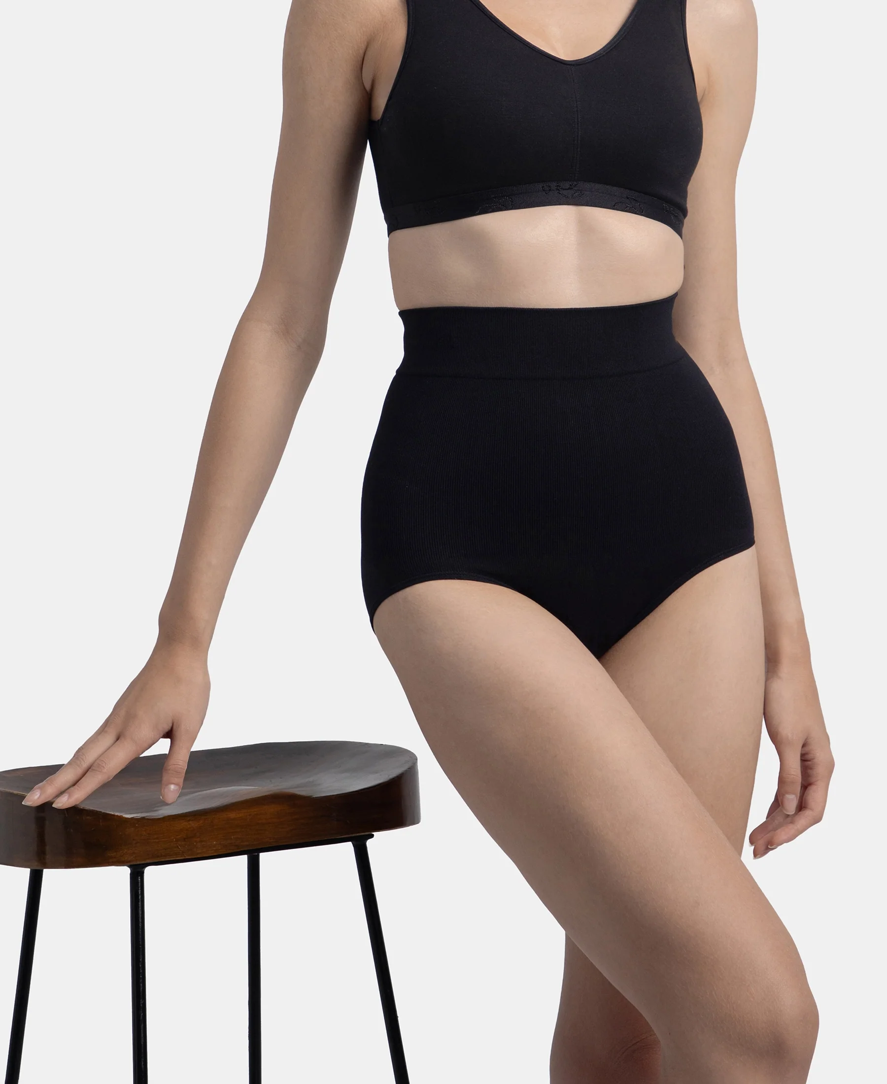 High Waist Microfiber Elastane Stretch Seamfree Bikini Shapewear - Black - Image 5