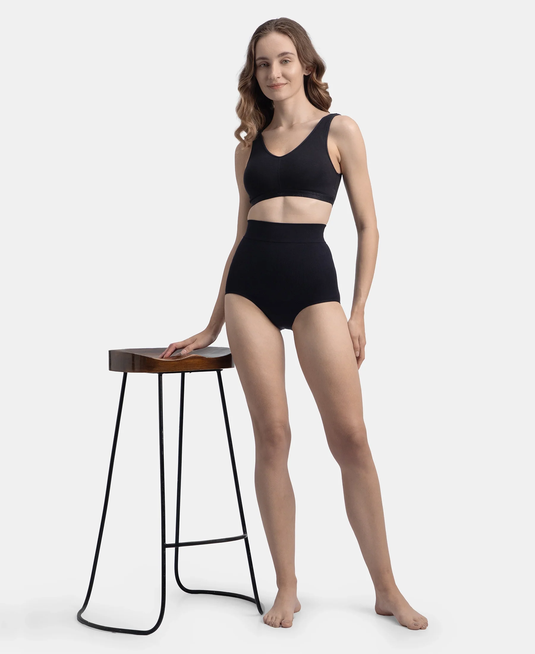 High Waist Microfiber Elastane Stretch Seamfree Bikini Shapewear - Black - Image 6