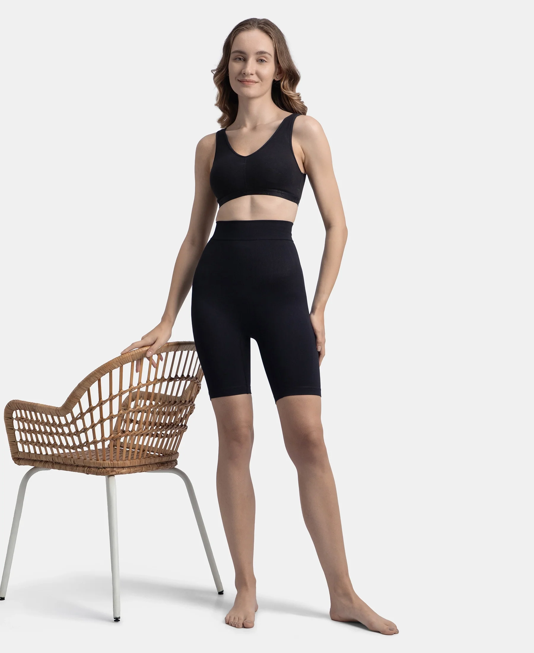 High Waist Microfiber Elastane Stretch Seamfree Shorts Shapewear - Black - Image 6
