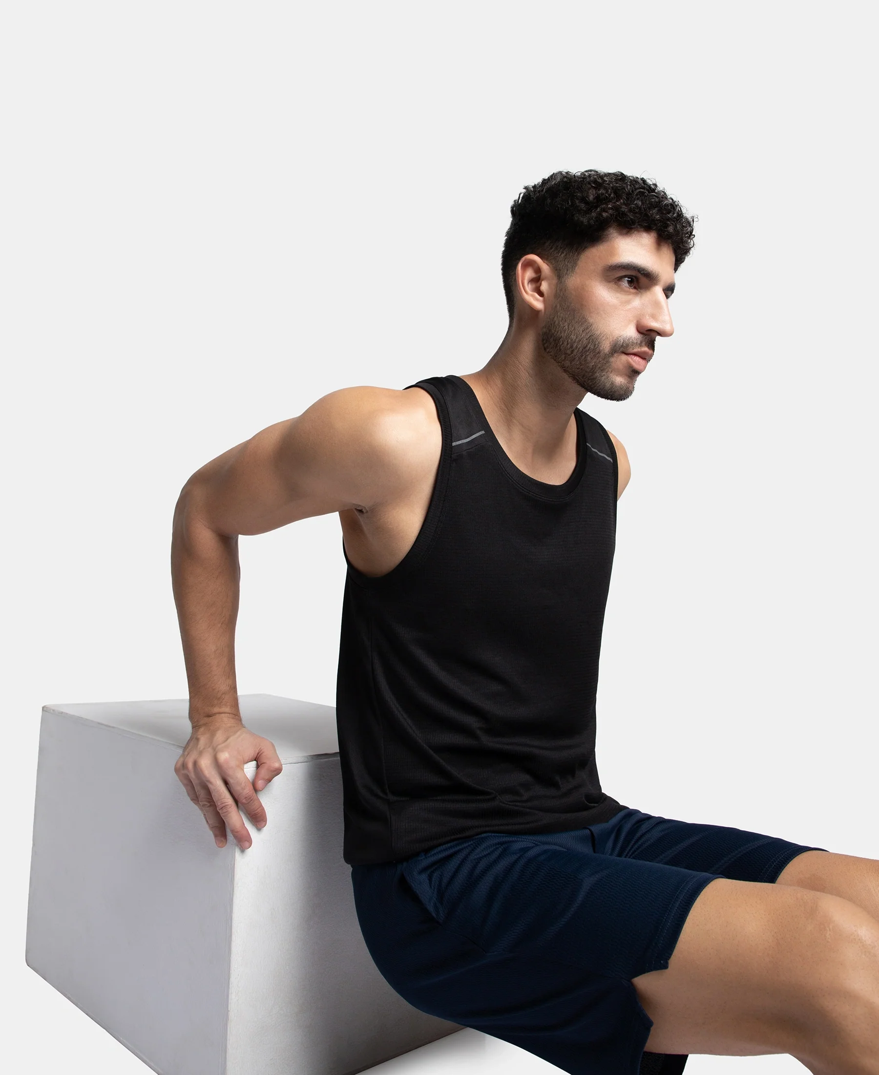 Lightweight Microfiber Solid Tank Top with Breathable Mesh - Black - Image 5