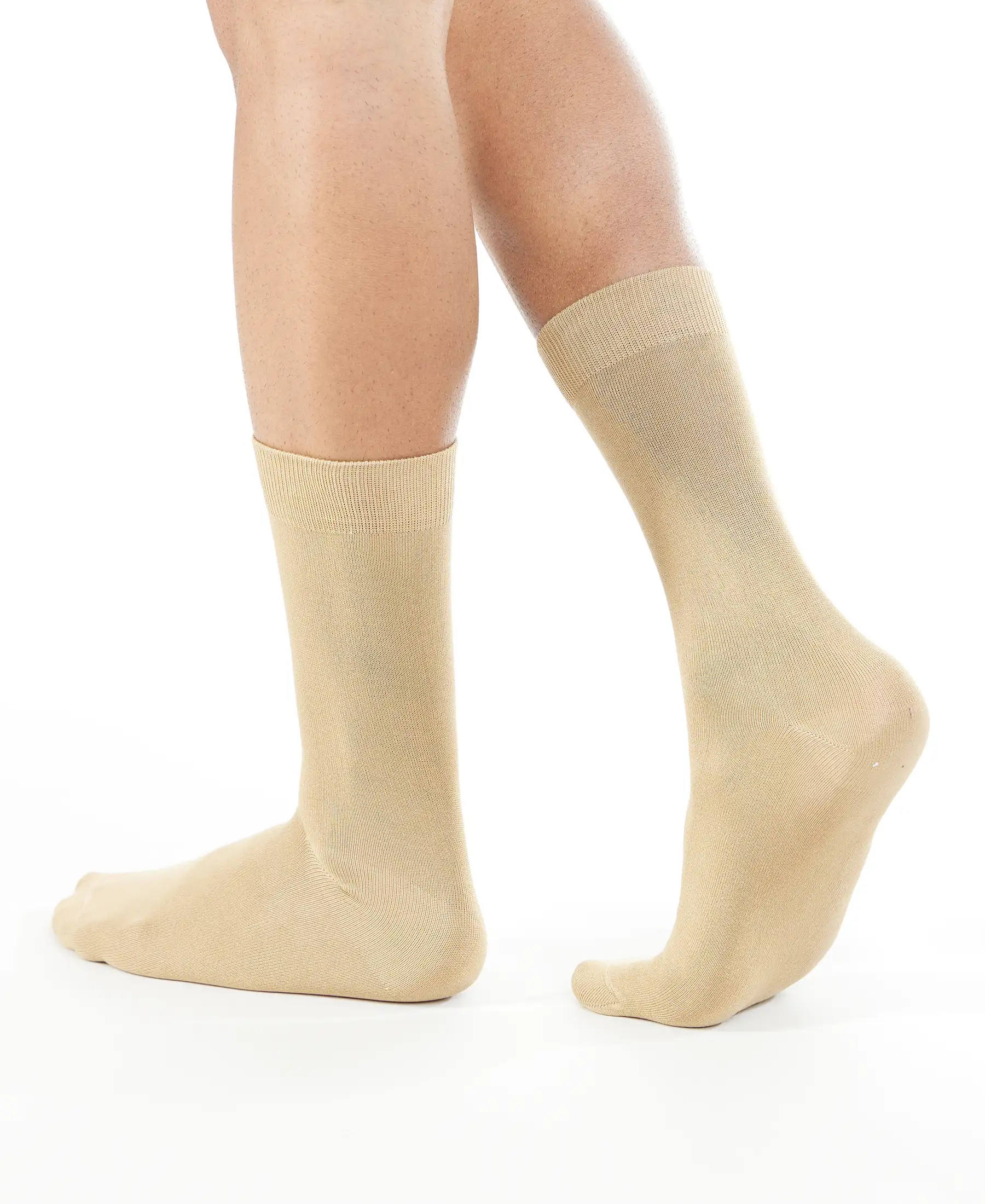 Mercerized Cotton Elastane Stretch Crew Length Socks with StayFresh Treatment - Beige - Image 3