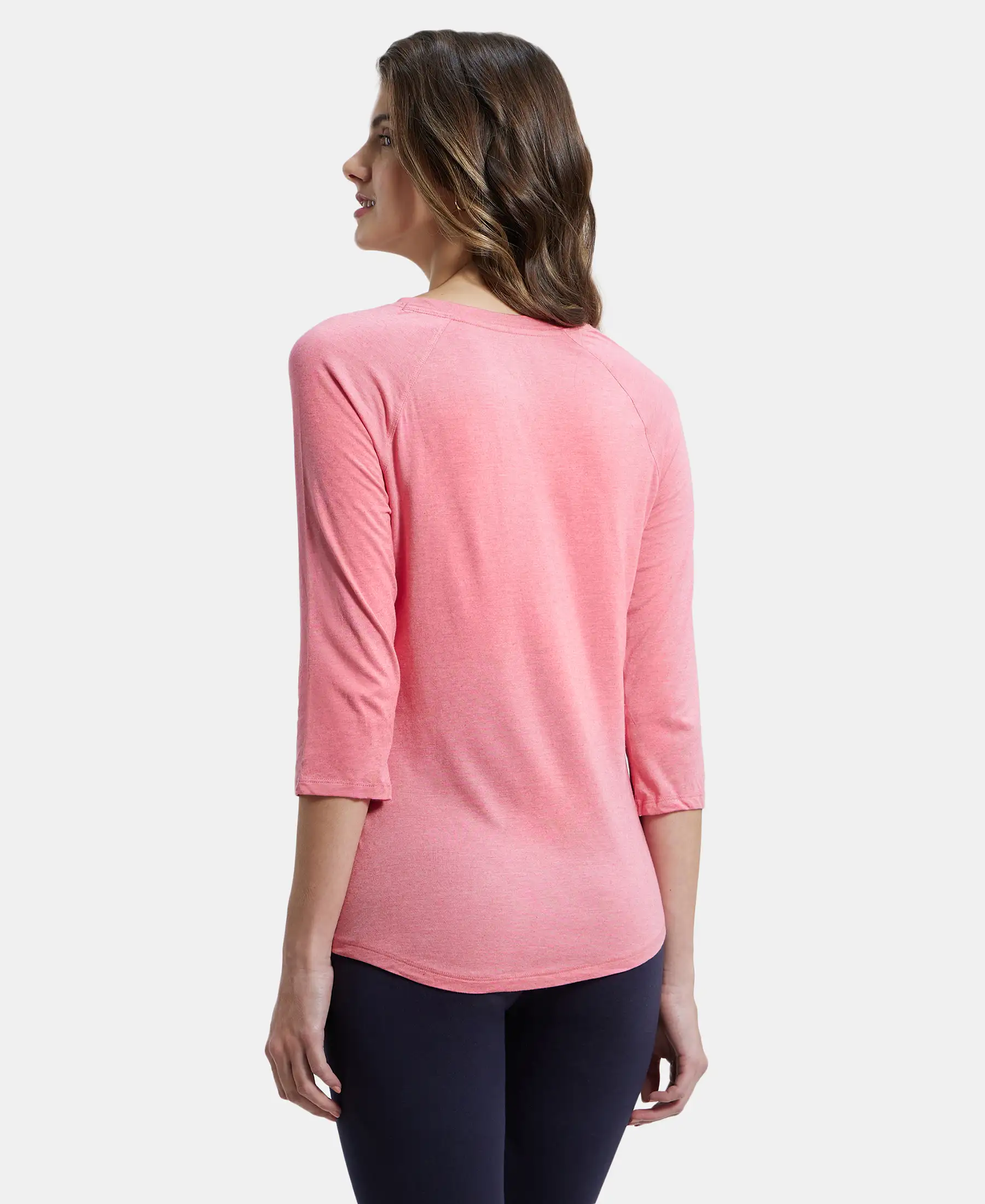 Micro Modal Cotton Relaxed Fit Graphic Printed Round Neck Three Quarter Sleeve T-Shirt - CamRose Melange - Image 3