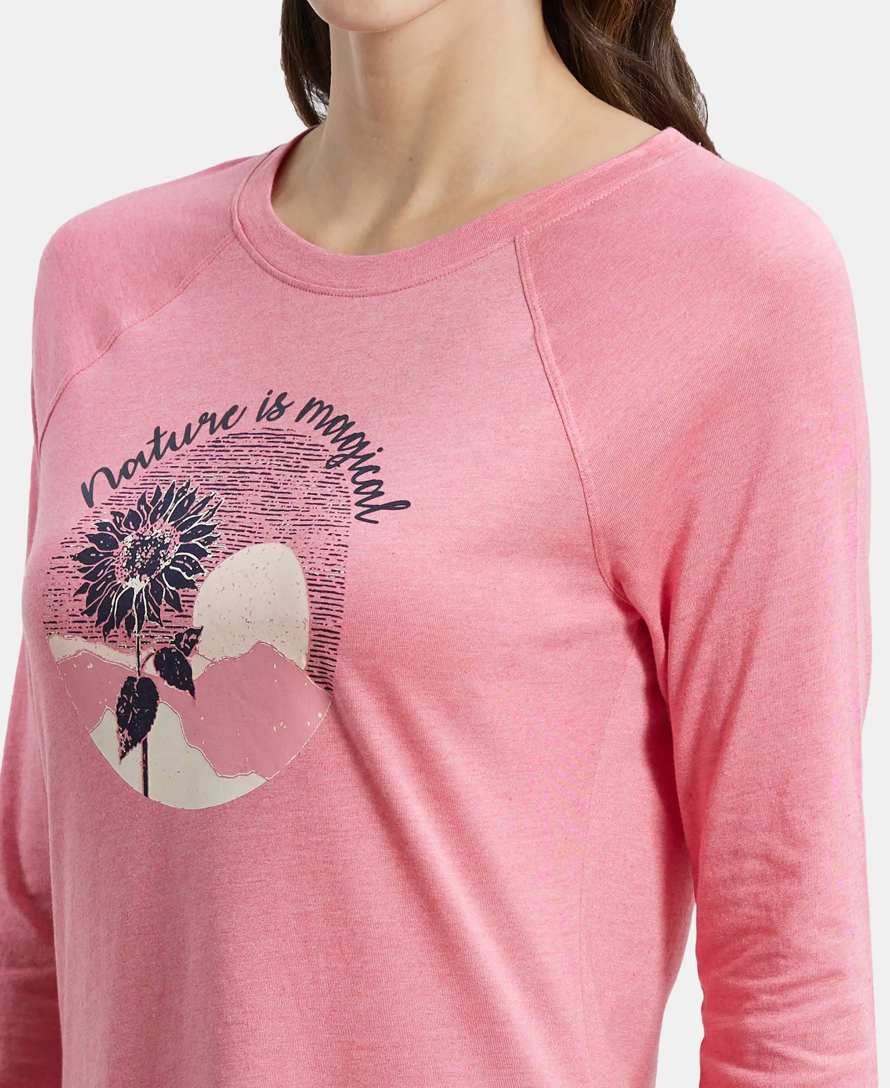 Micro Modal Cotton Relaxed Fit Graphic Printed Round Neck Three Quarter Sleeve T-Shirt - CamRose Melange - Image 7