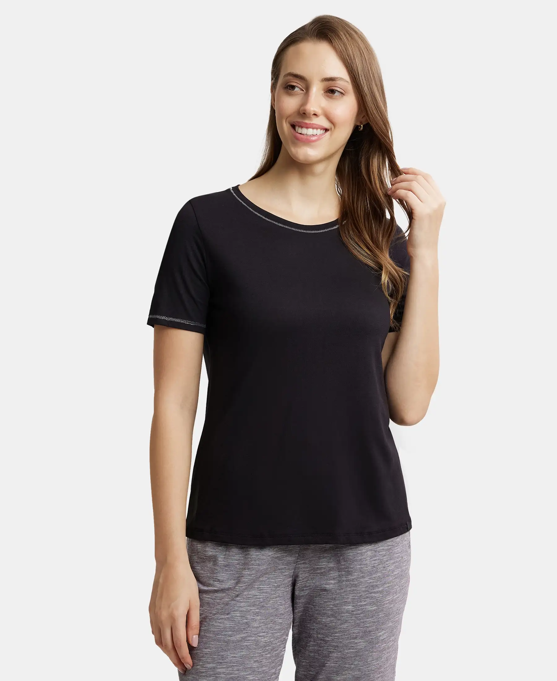 Micro Modal Cotton Relaxed Fit Round neck Half Sleeve T-Shirt - Black