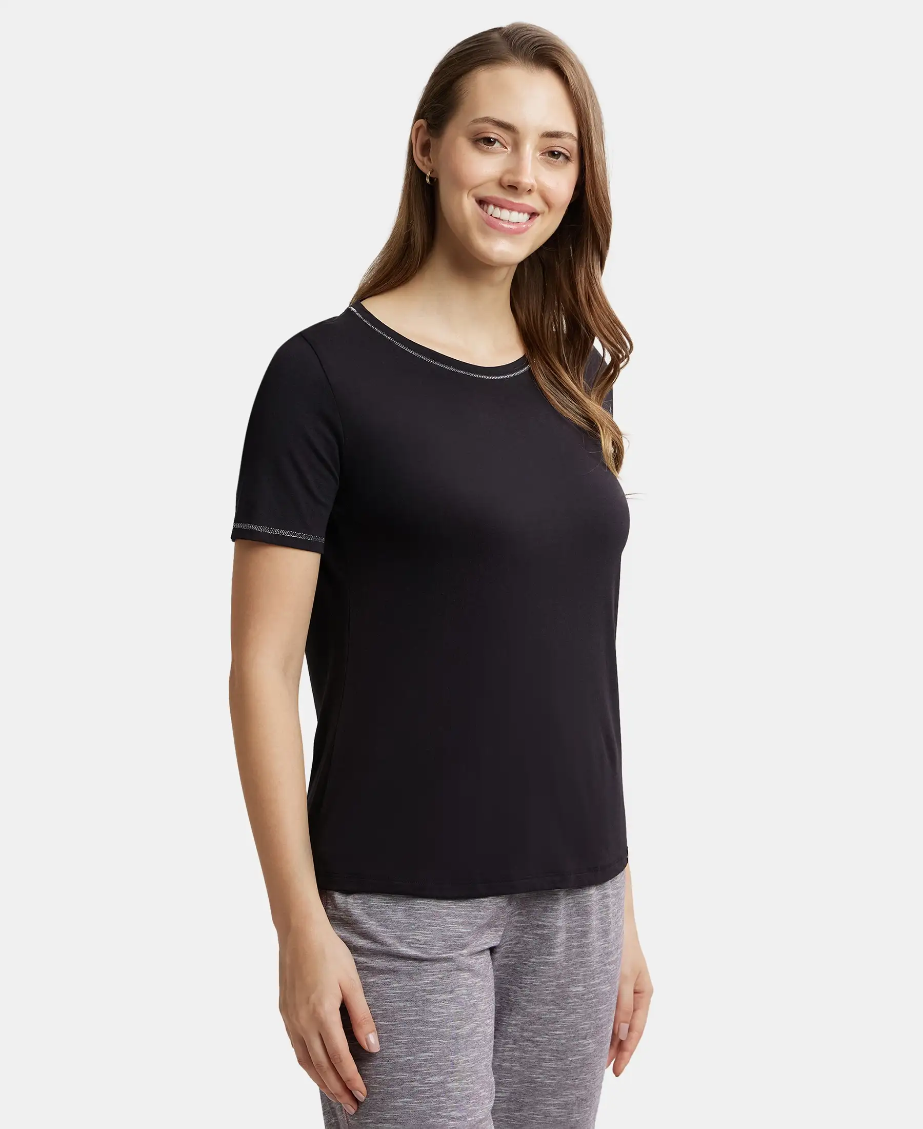 Micro Modal Cotton Relaxed Fit Round neck Half Sleeve T-Shirt - Black - Image 2