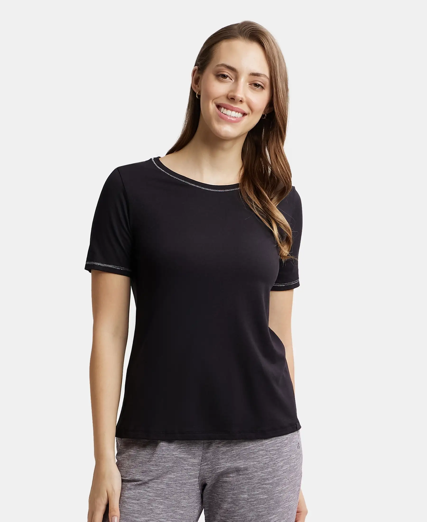 Micro Modal Cotton Relaxed Fit Round neck Half Sleeve T-Shirt - Black - Image 5