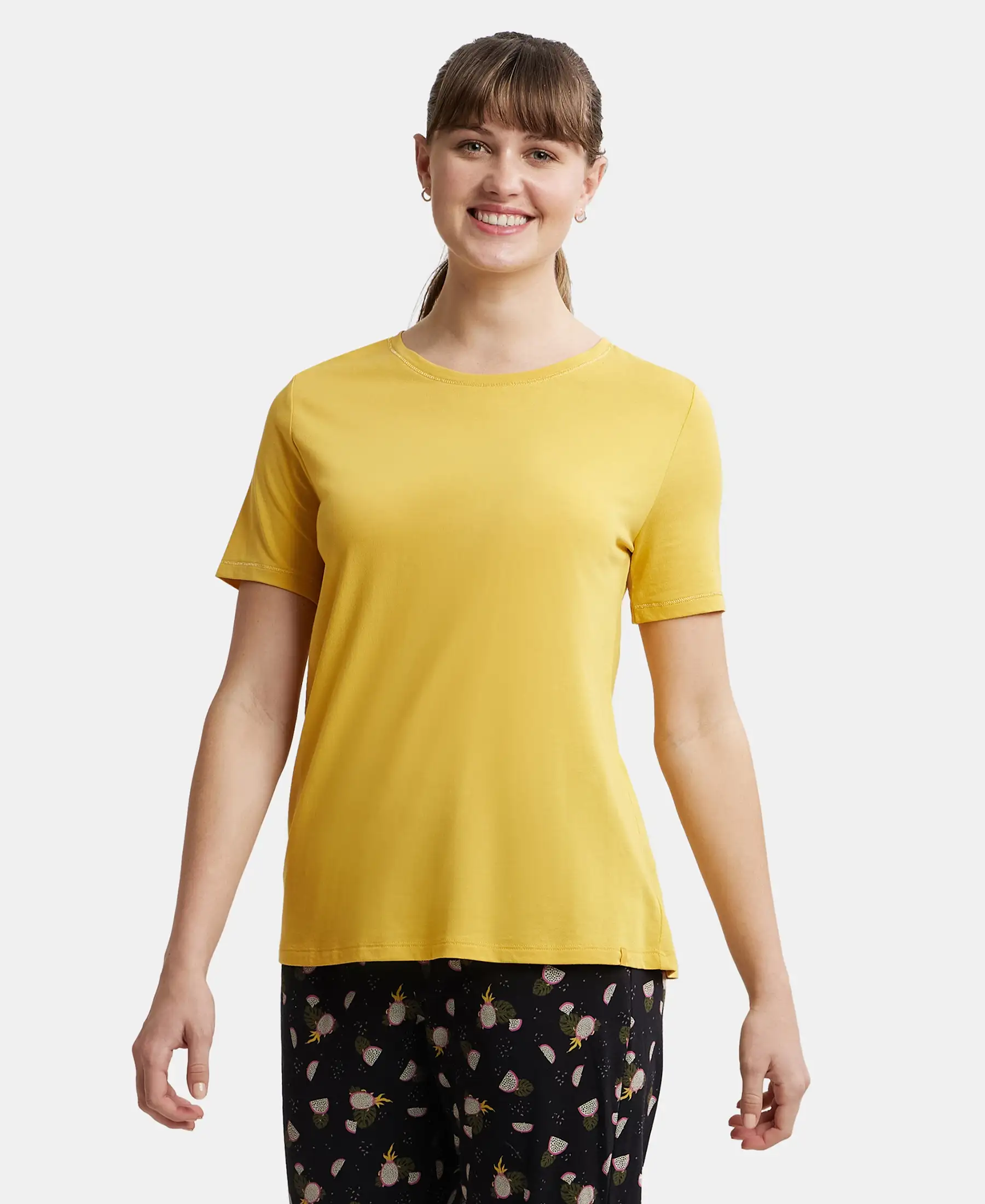 Micro Modal Cotton Relaxed Fit Round neck Half Sleeve T-Shirt - Yolk Yellow - Image 5