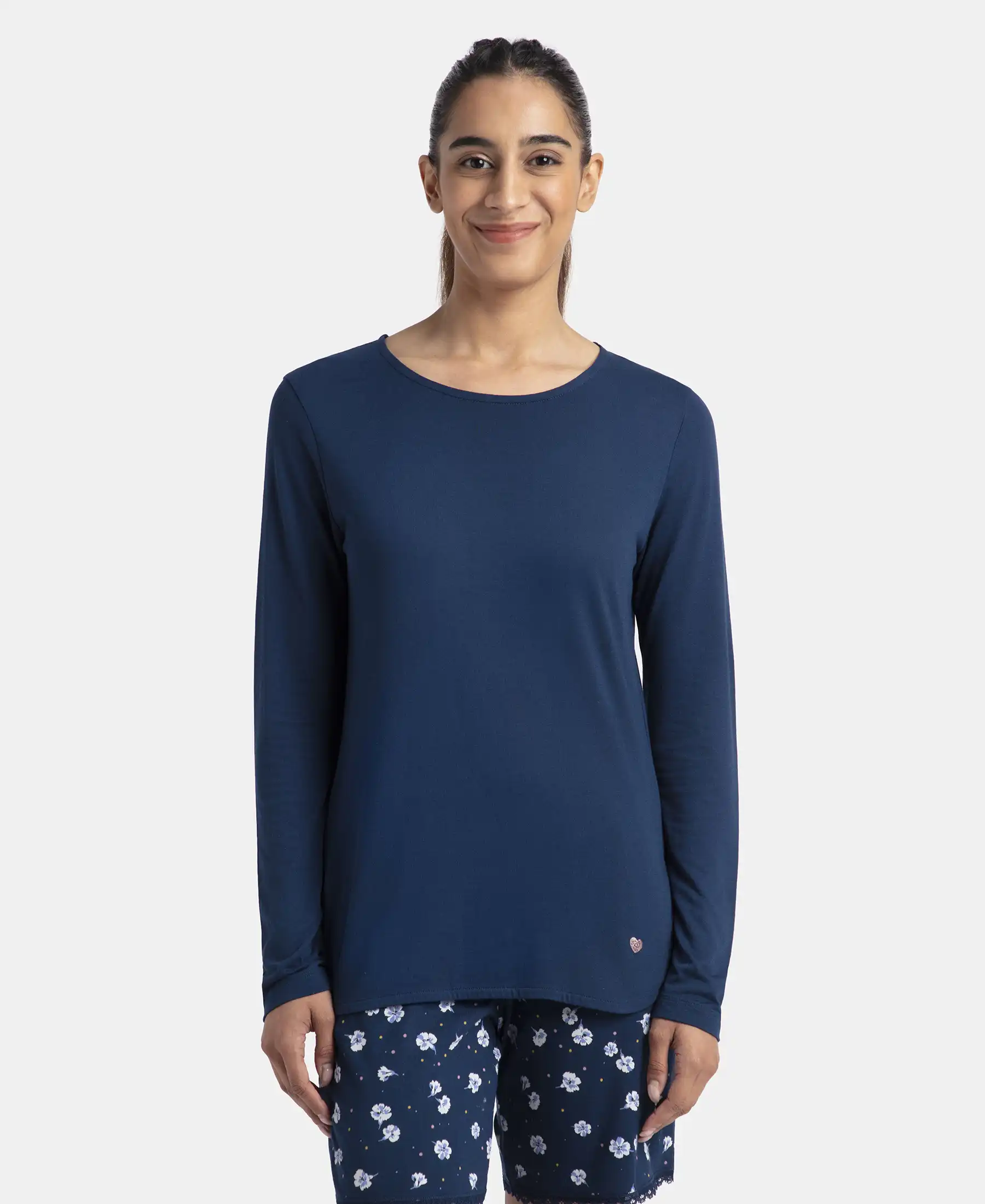 Micro Modal Cotton Relaxed Fit Solid Round Neck Full Sleeve T-Shirt with Curved Hem Styling - Pageant Blue