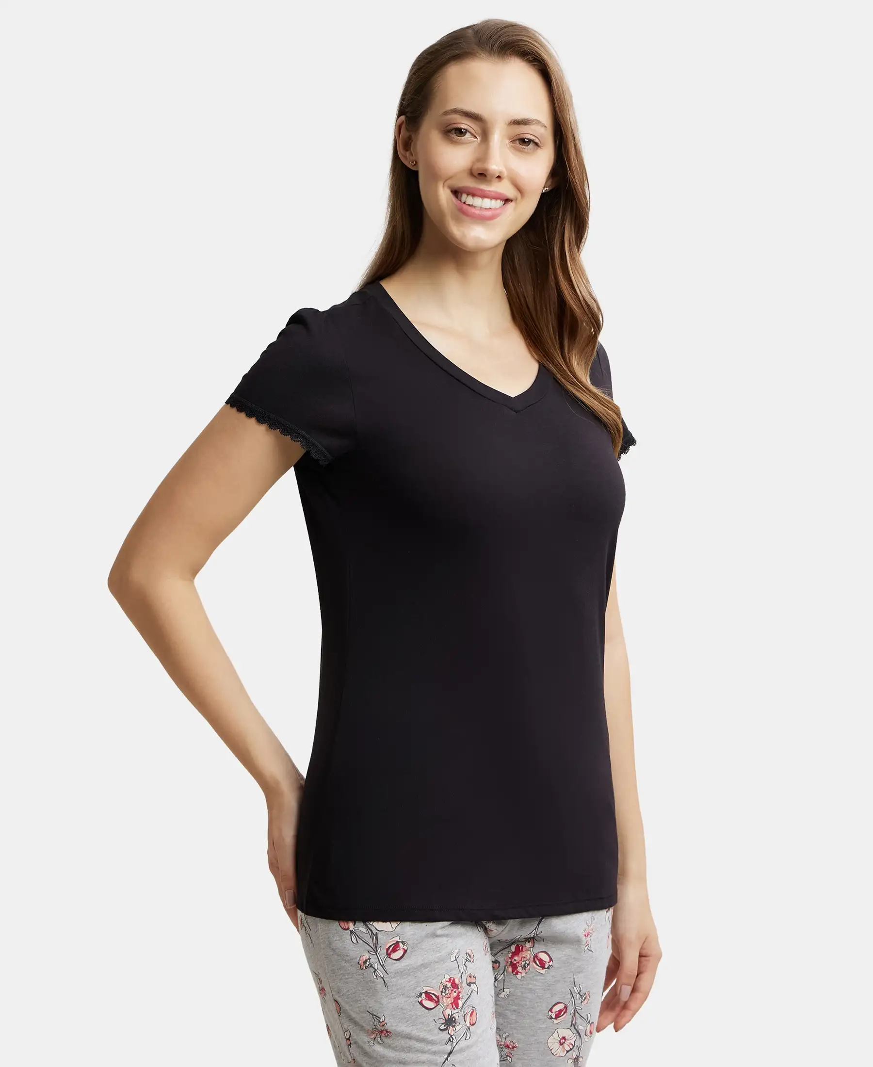 Micro Modal Cotton Relaxed Fit Solid V Neck Half Sleeve T-Shirt - Black - Image 2