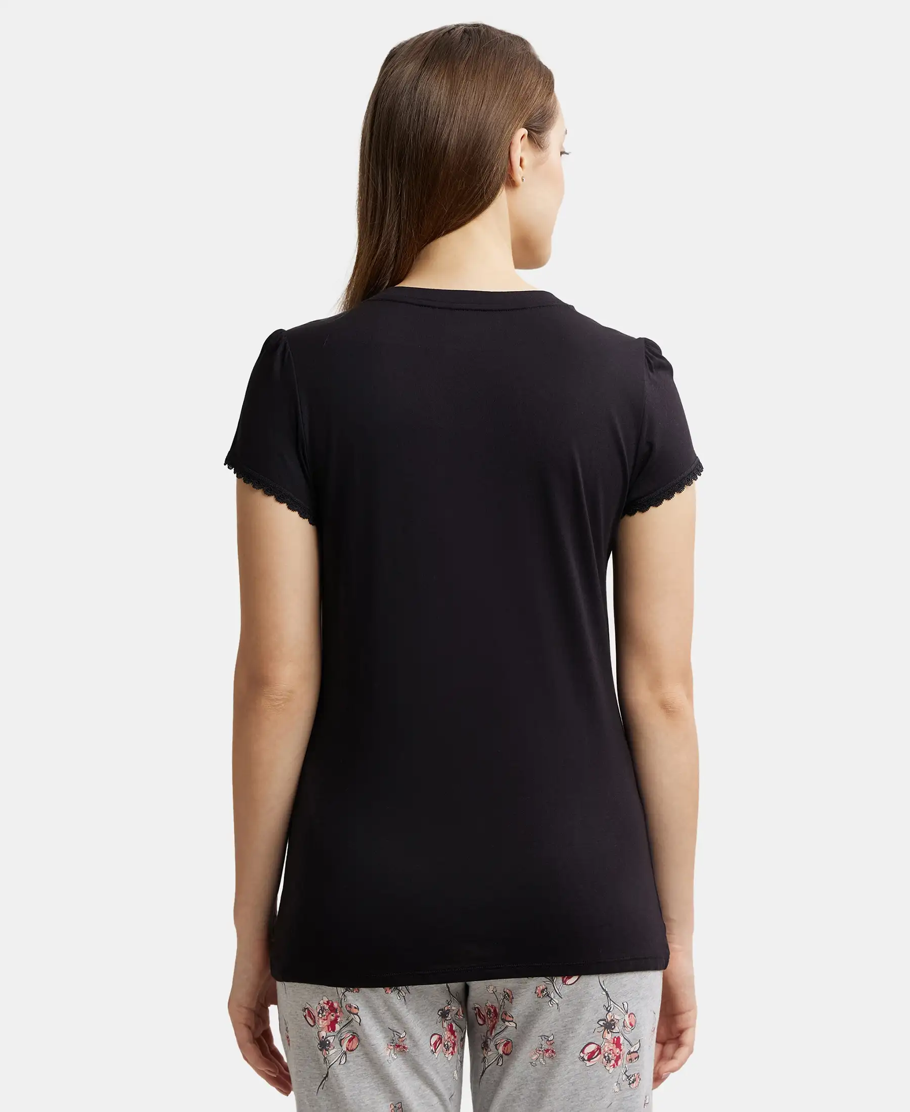 Micro Modal Cotton Relaxed Fit Solid V Neck Half Sleeve T-Shirt - Black - Image 3