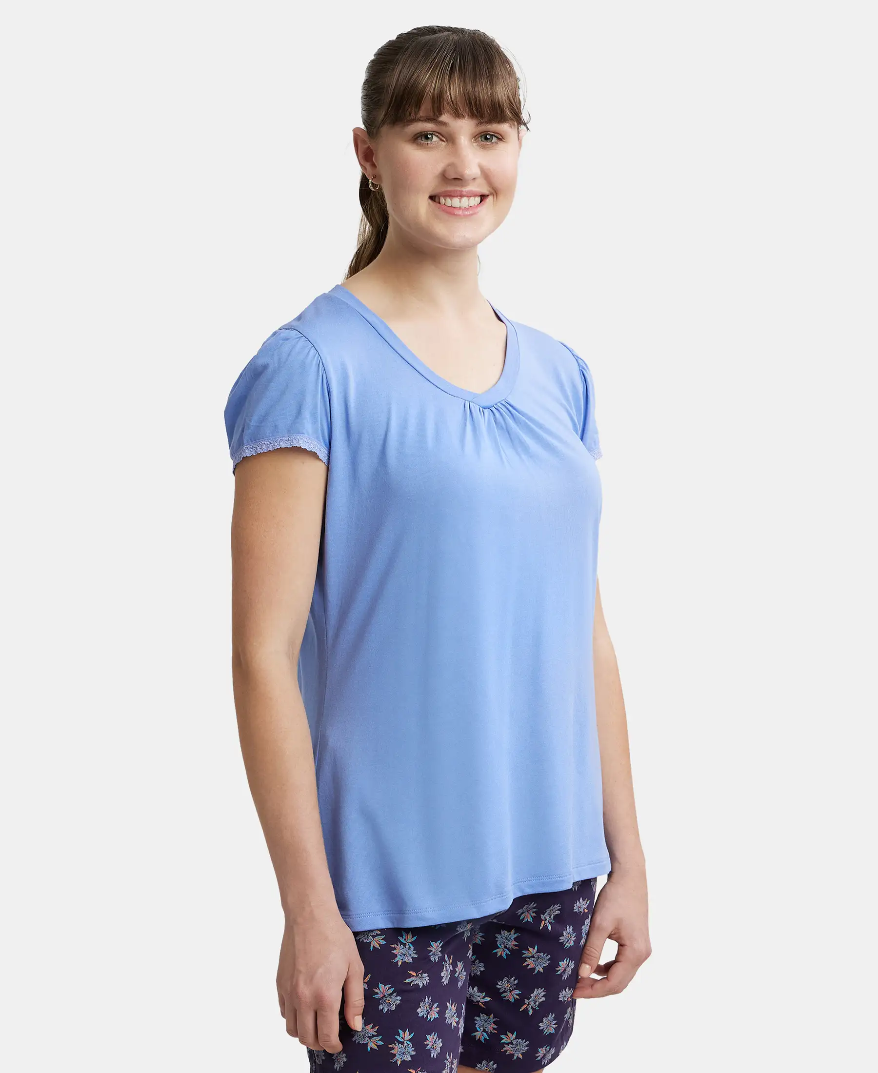 Micro Modal Cotton Relaxed Fit Solid V Neck Half Sleeve T-Shirt - Iris Blue - Image 2