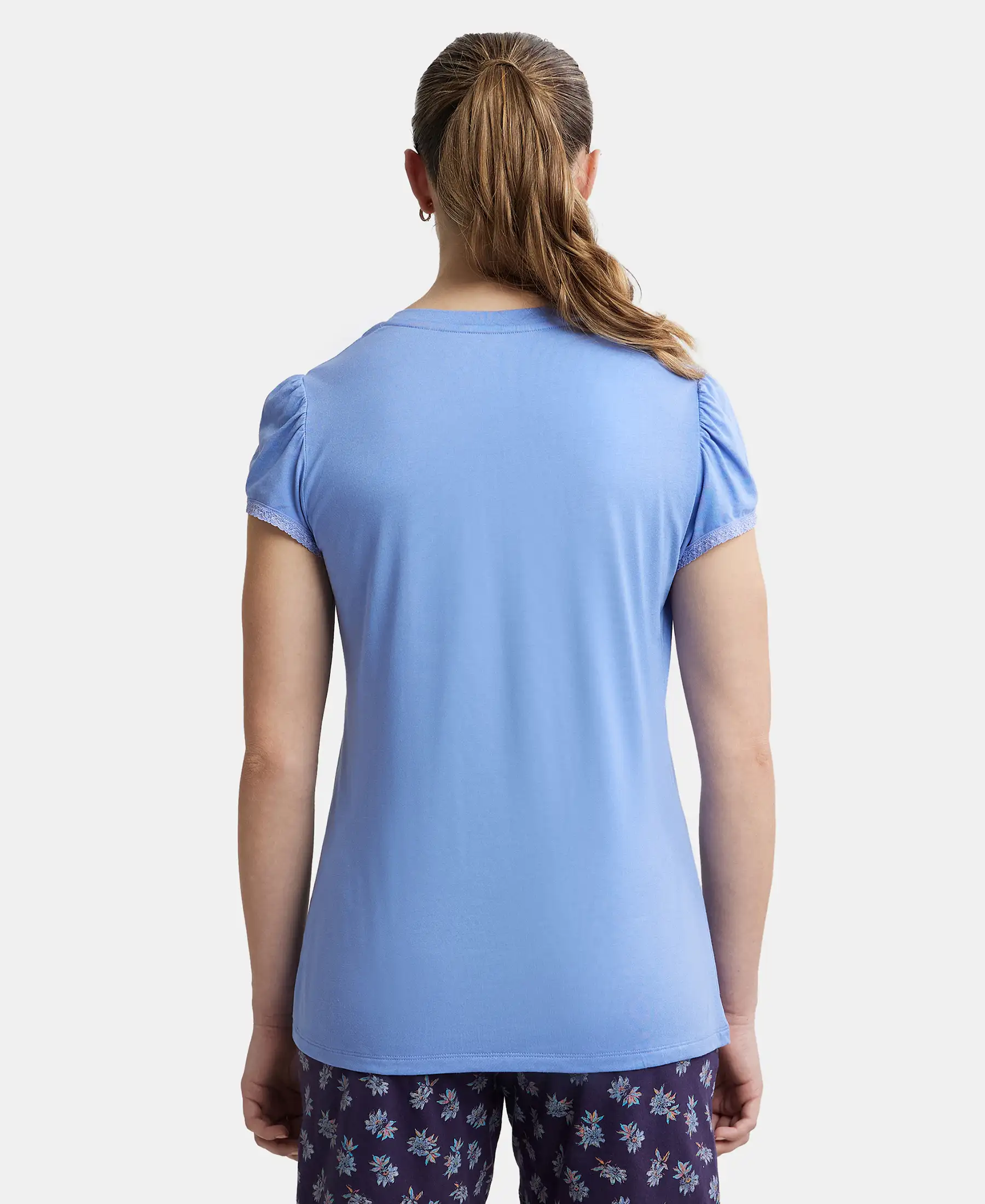 Micro Modal Cotton Relaxed Fit Solid V Neck Half Sleeve T-Shirt - Iris Blue - Image 3