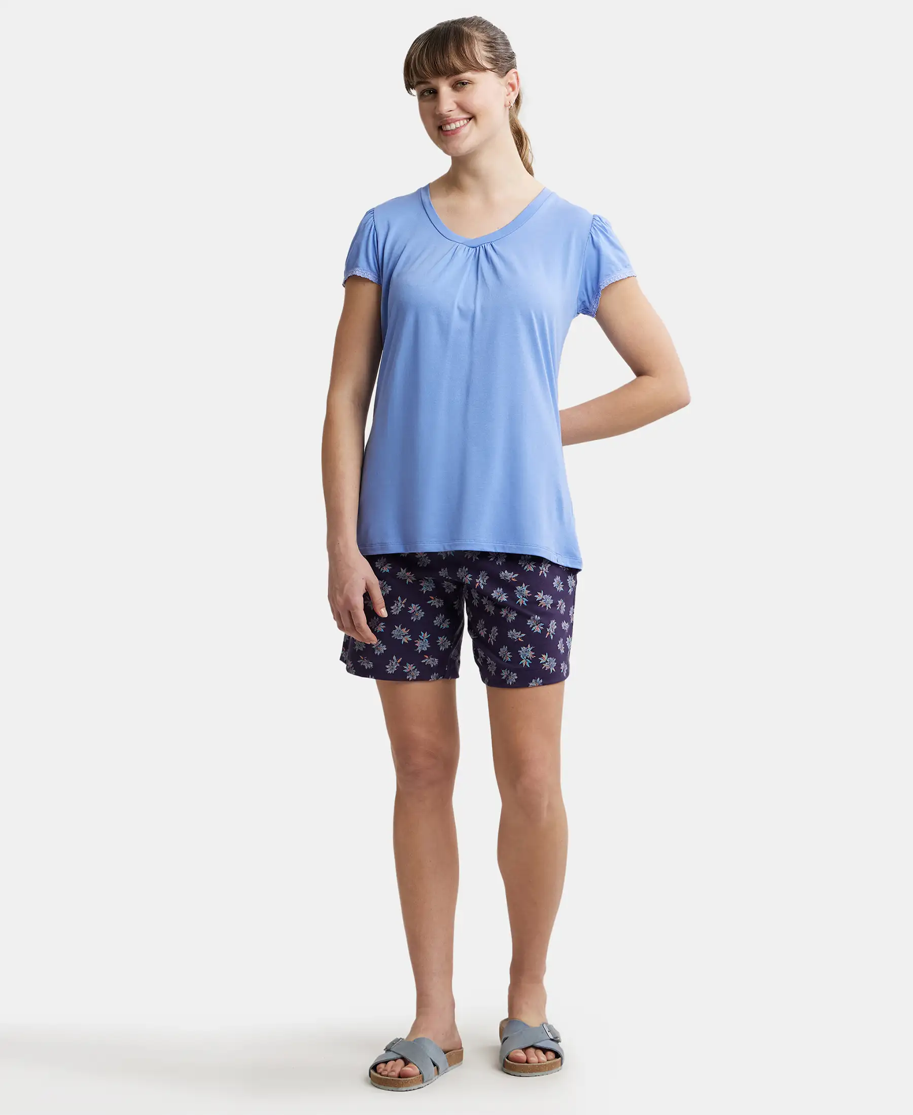 Micro Modal Cotton Relaxed Fit Solid V Neck Half Sleeve T-Shirt - Iris Blue - Image 4