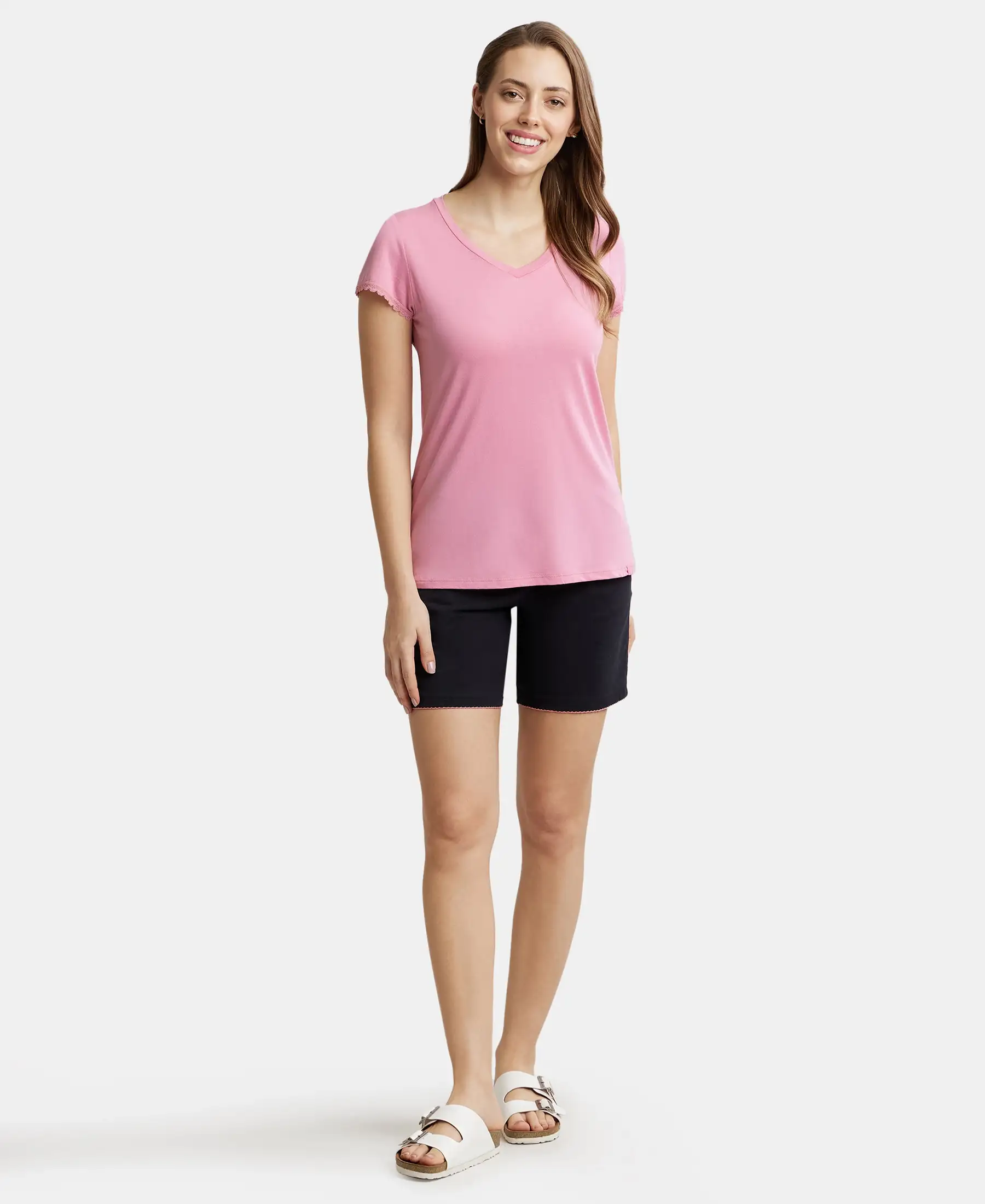 Micro Modal Cotton Relaxed Fit Solid V Neck Half Sleeve T-Shirt - Peach Blossom - Image 3