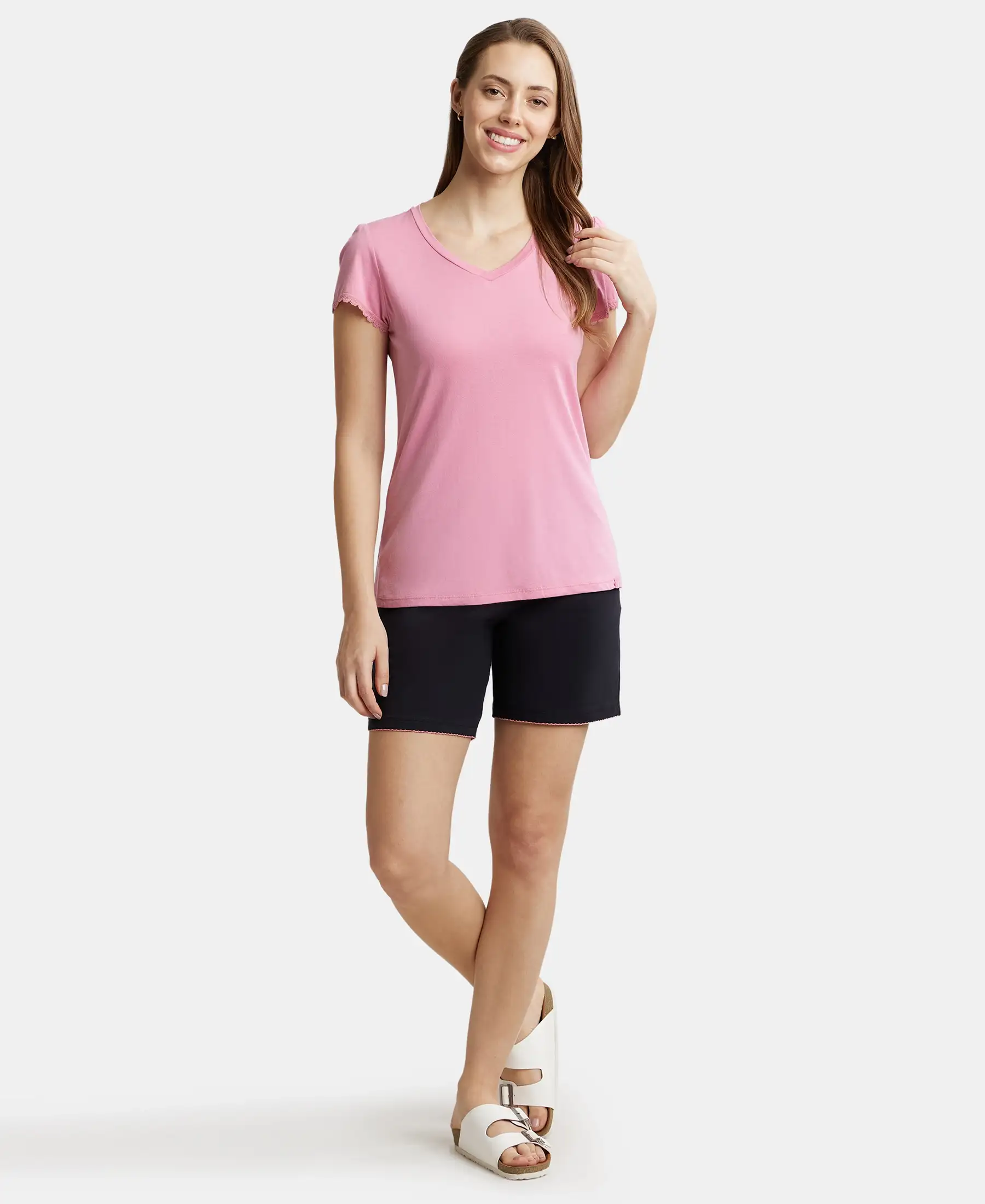 Micro Modal Cotton Relaxed Fit Solid V Neck Half Sleeve T-Shirt - Peach Blossom - Image 4