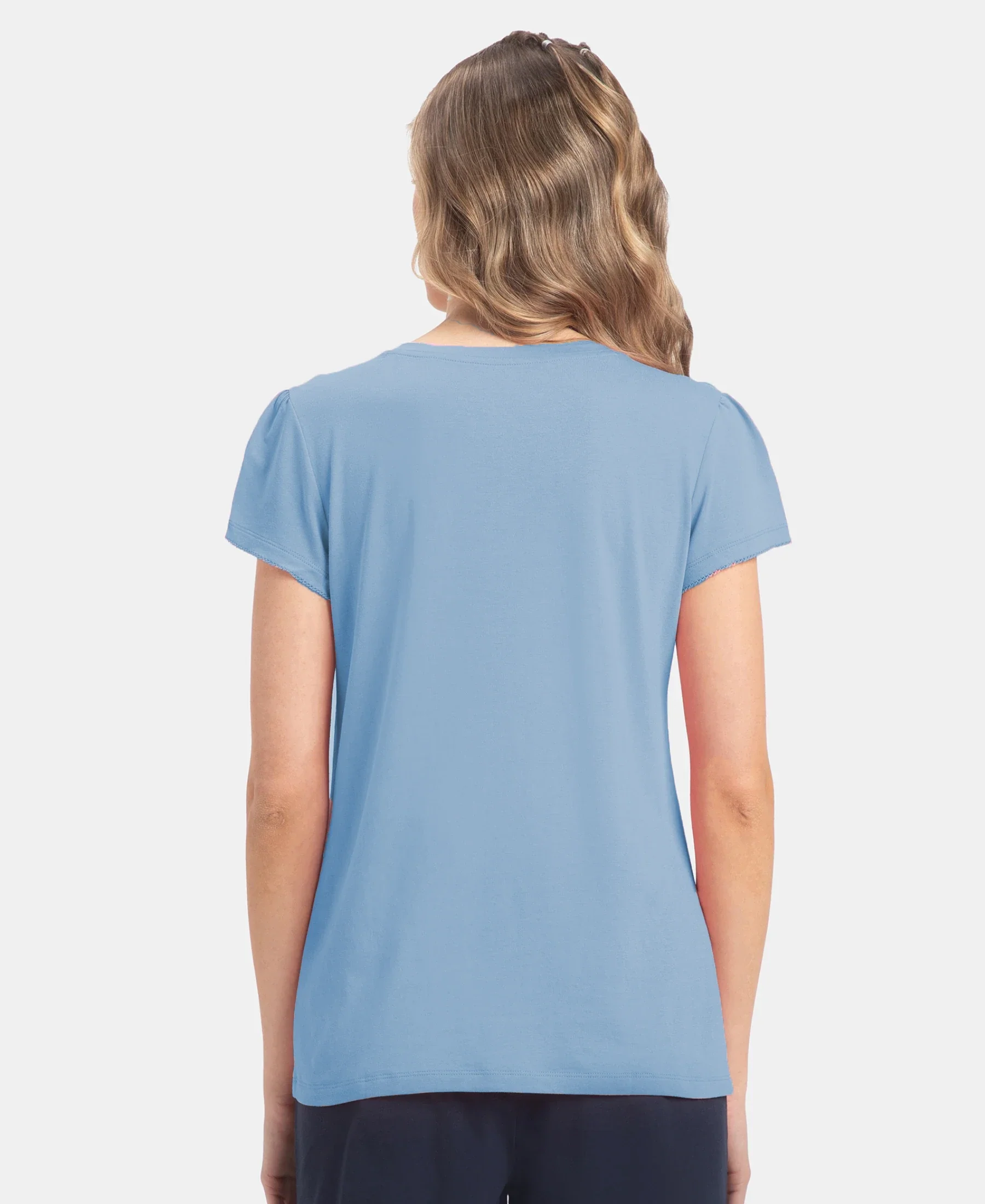 Micro Modal Cotton Relaxed Fit Solid V Neck Half Sleeve T-Shirt - Soft Chambray - Image 3