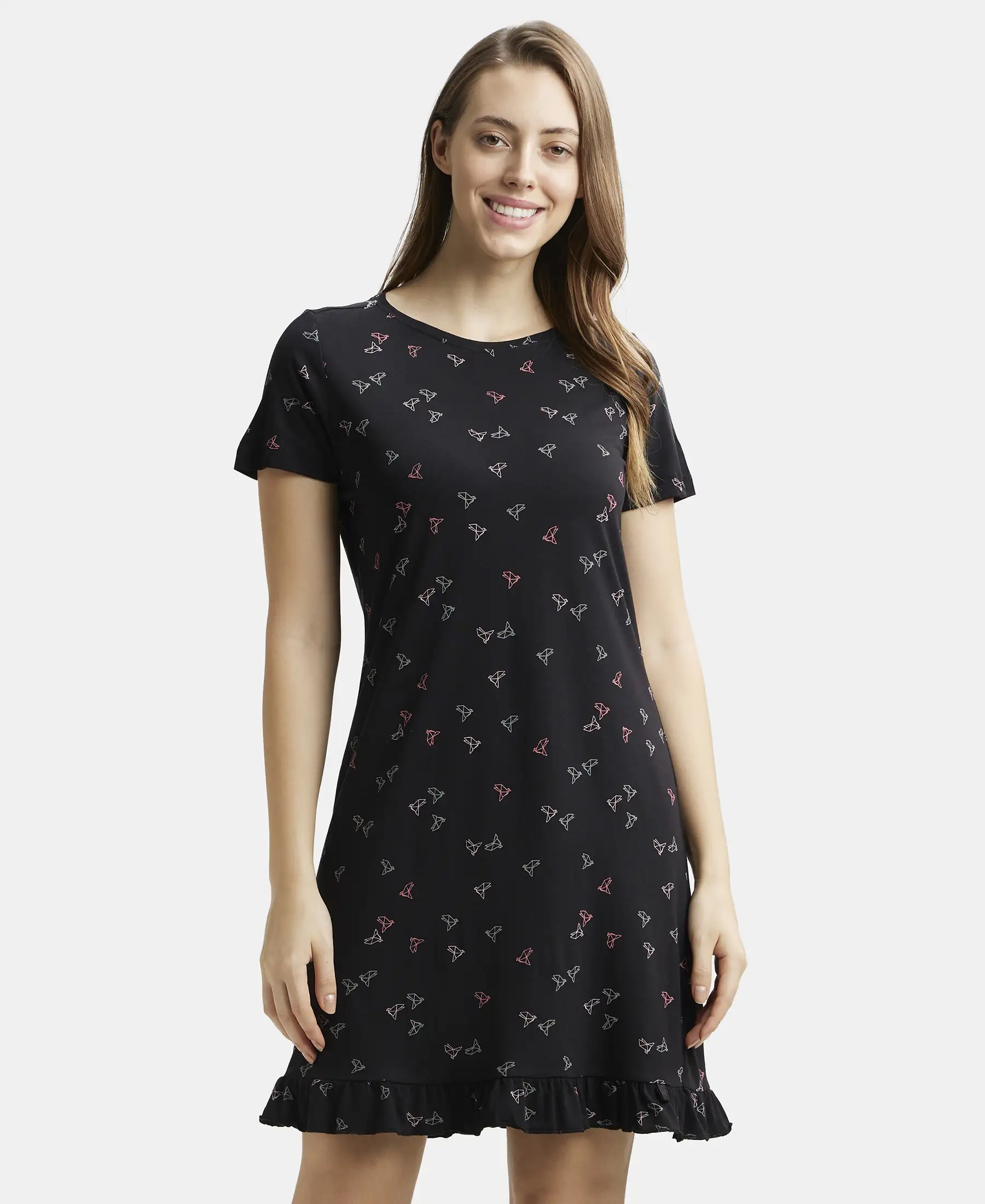 Micro Modal Cotton Ruffled Hem Styled Half Sleeve Printed Sleep Dress - Black