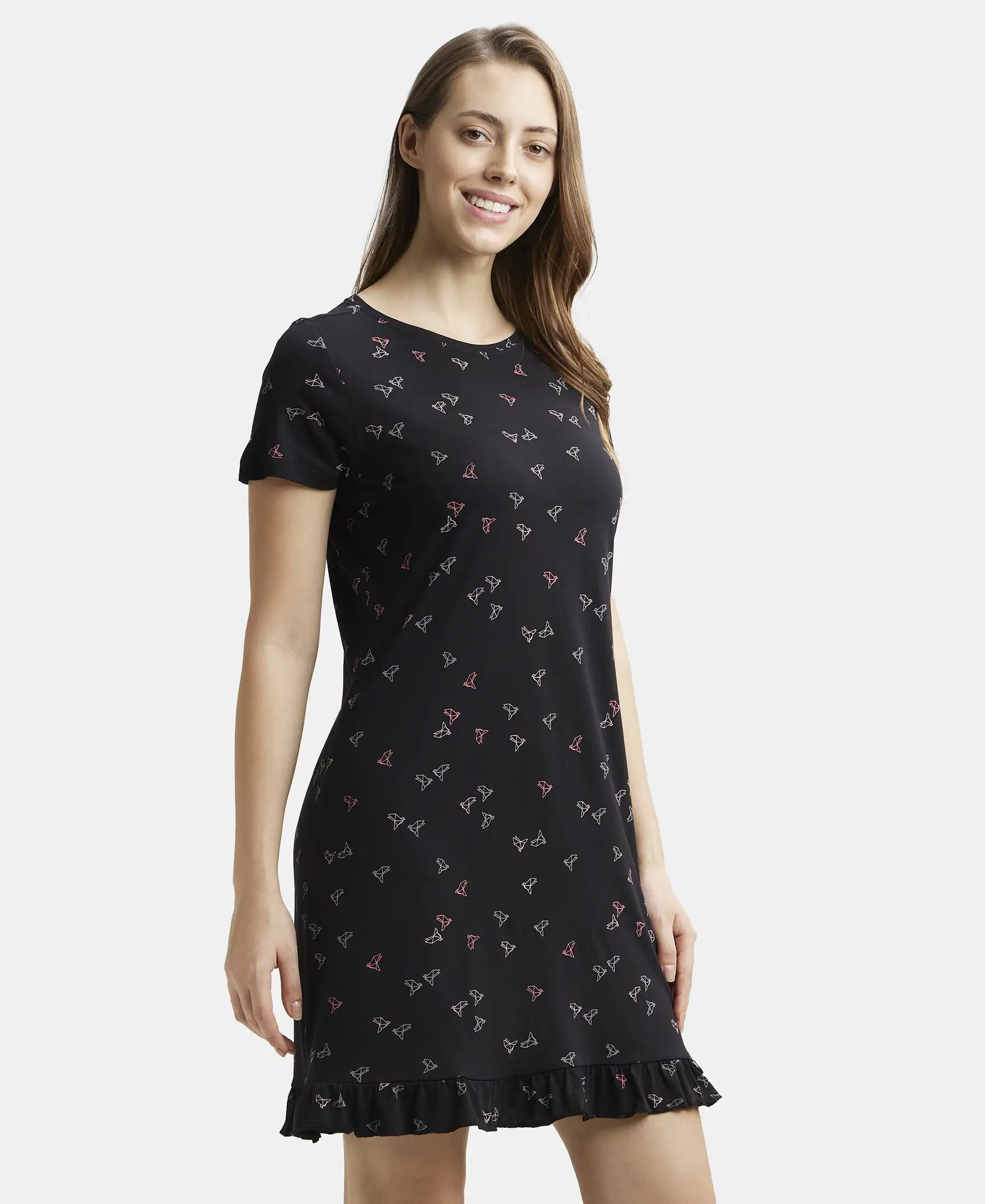 Micro Modal Cotton Ruffled Hem Styled Half Sleeve Printed Sleep Dress - Black - Image 2