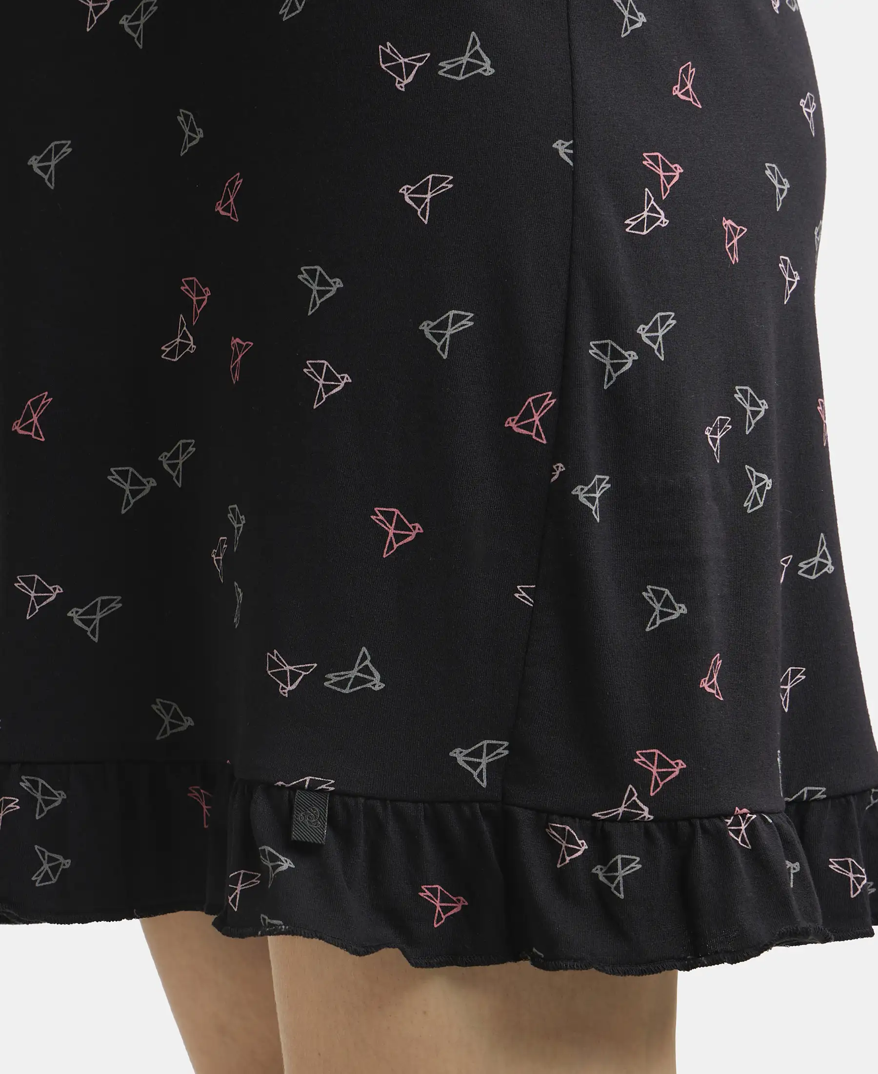 Micro Modal Cotton Ruffled Hem Styled Half Sleeve Printed Sleep Dress - Black - Image 8