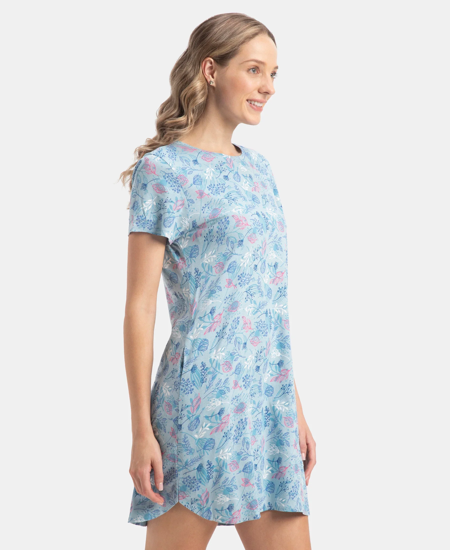 Micro Modal Cotton Ruffled Hem Styled Half Sleeve Printed Sleep Dress - Forget Me Not - Image 2