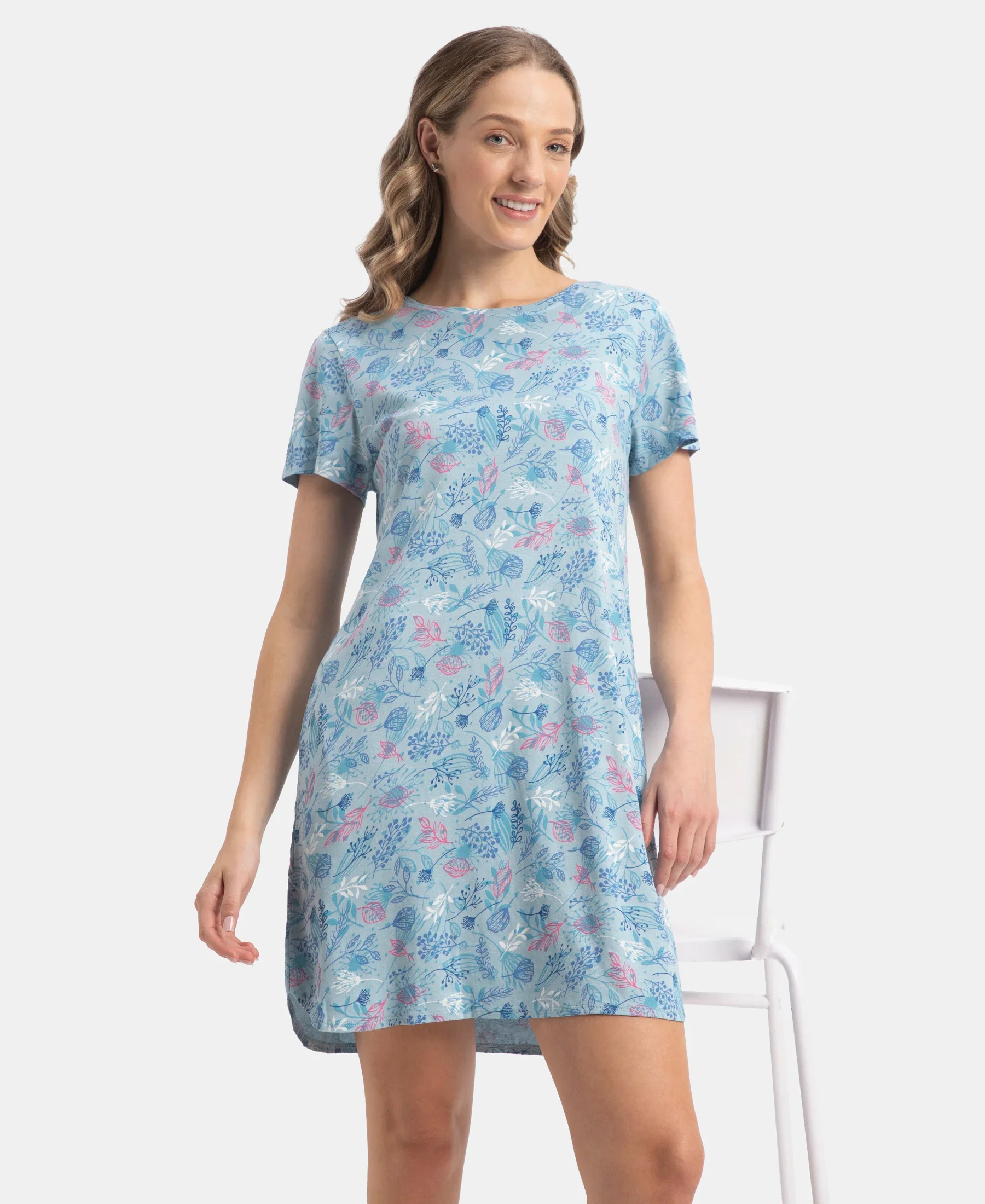 Micro Modal Cotton Ruffled Hem Styled Half Sleeve Printed Sleep Dress - Forget Me Not - Image 5