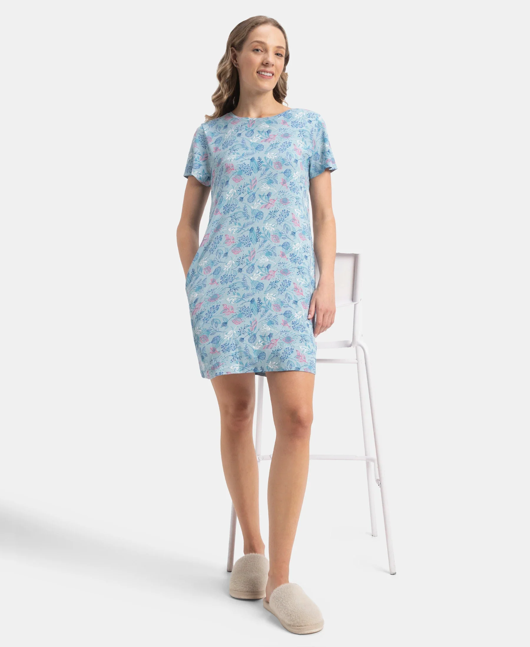 Micro Modal Cotton Ruffled Hem Styled Half Sleeve Printed Sleep Dress - Forget Me Not - Image 6