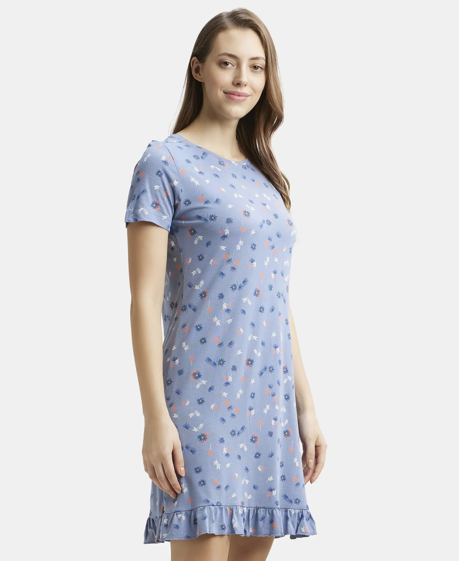Micro Modal Cotton Ruffled Hem Styled Half Sleeve Printed Sleep Dress - Infinity Blue Assorted Prints - Image 2