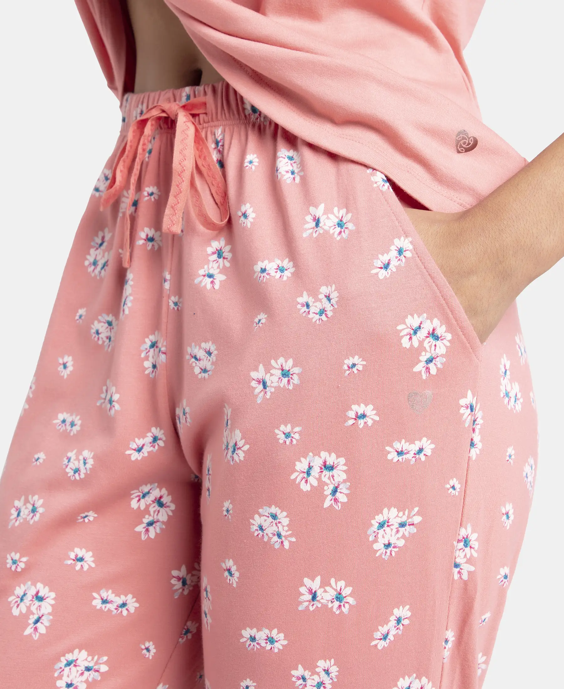 Micro Modal Cotton Short Sleeve T-Shirt & Pyjama Sleep Set - Peach Blossom - Image 7