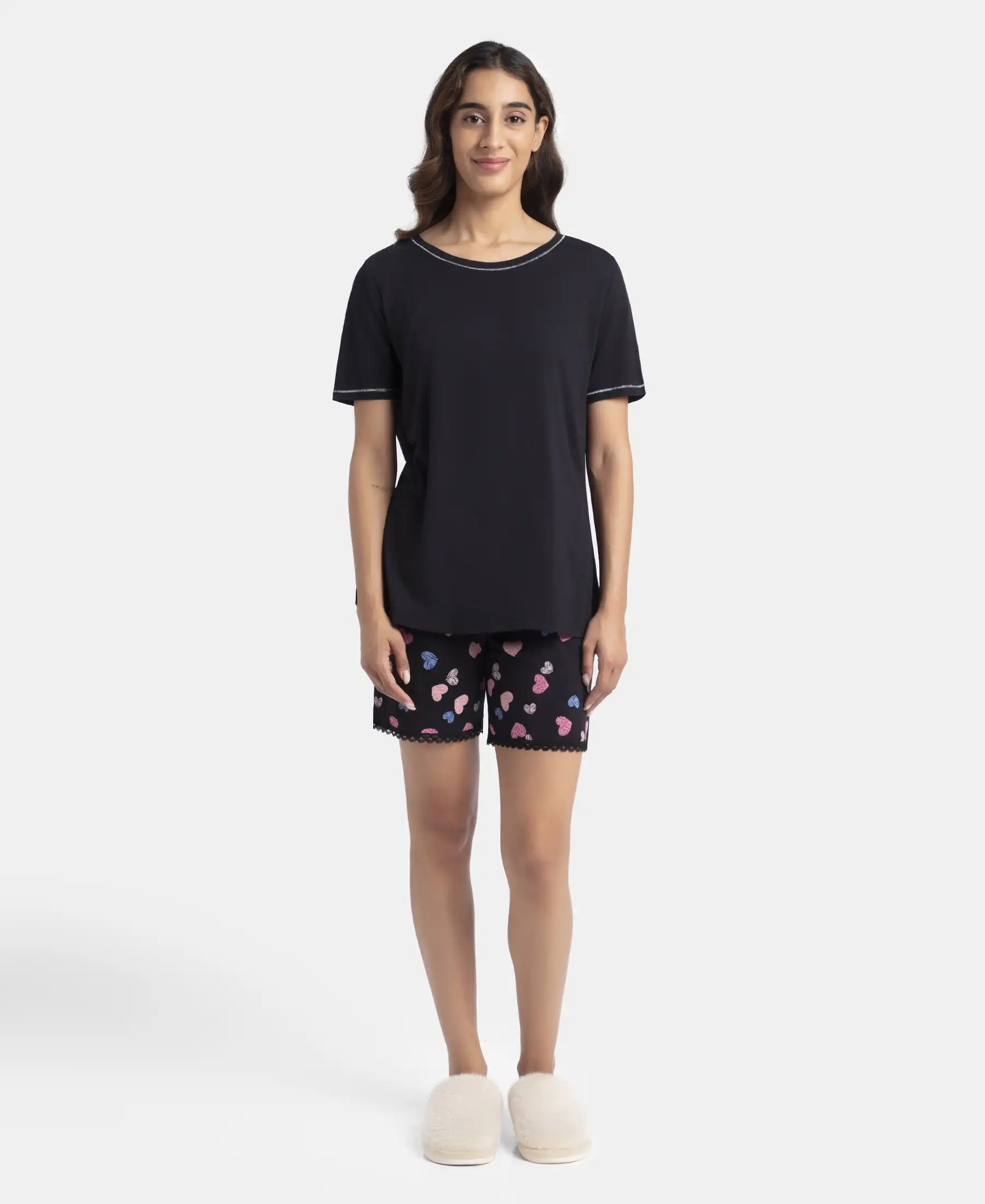 Micro Modal Cotton Short Sleeve T-Shirt and Printed Shorts Set - Black