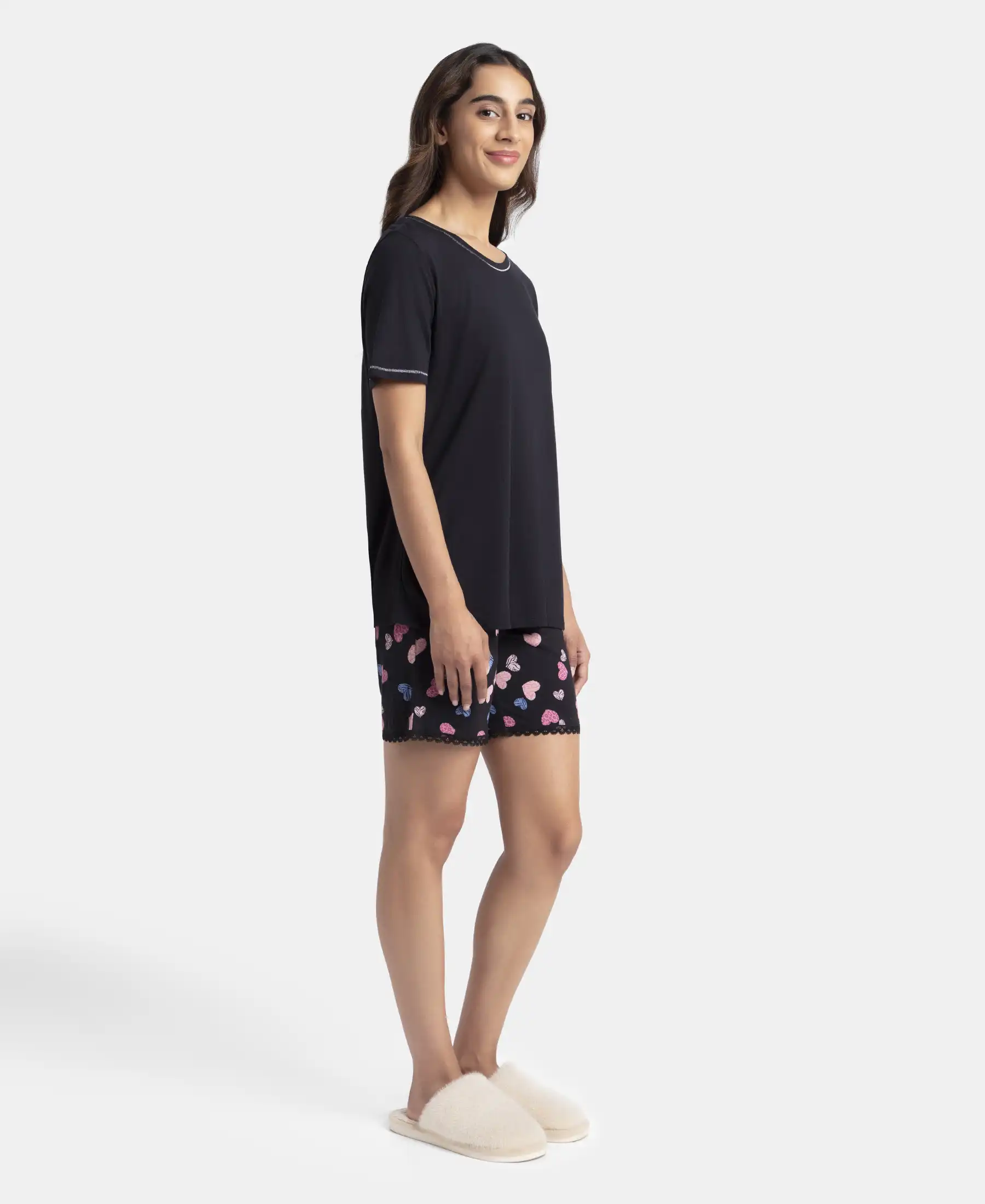 Micro Modal Cotton Short Sleeve T-Shirt and Printed Shorts Set - Black - Image 2